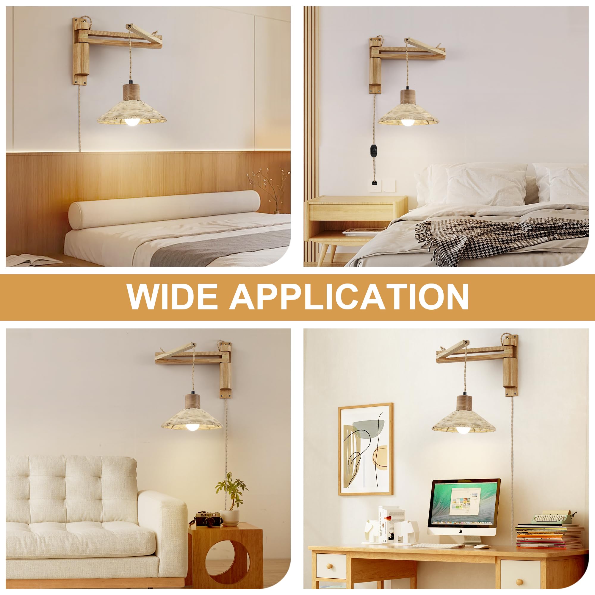 maesta Wood Plug Wall Sconce, Vintage Dimmable Swing Arm Lamp, Brown Bamboo, Model A027-3, Bulb Included