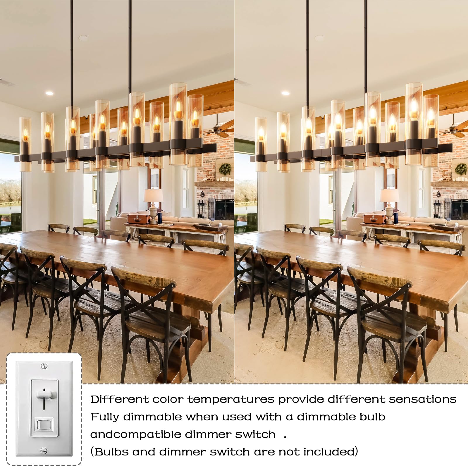 JKLX Modern Black Rectangle Chandelier, 12 Lights, Amber Glass, 48” Adjustable Height, Large Dining Room Light Fixture