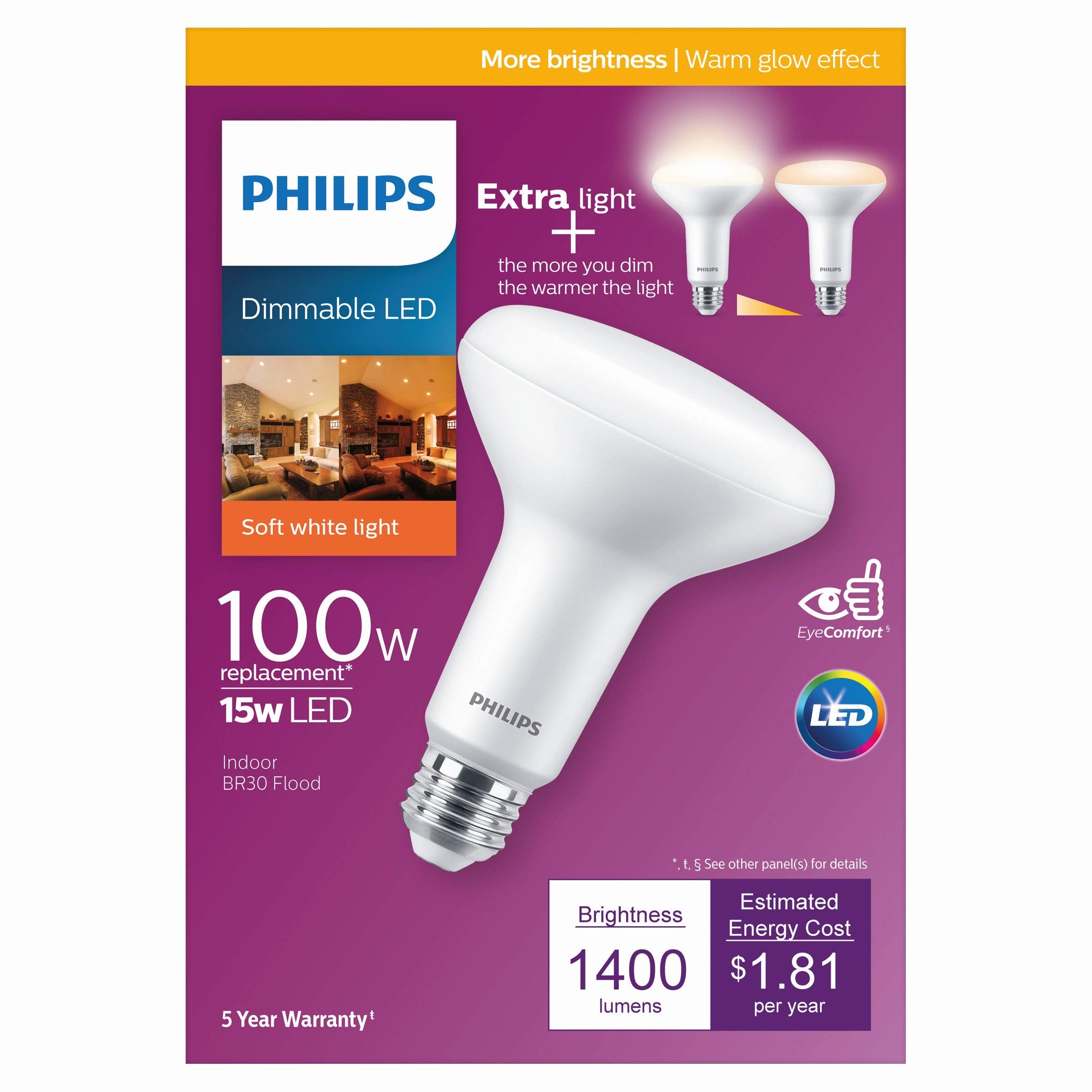 Philips LED BR30 Dimmable Bulbs, 1400 Lumen, Warm Glow, EyeComfort, E26 Base, 15W=100W, 4-Pack, Model 558