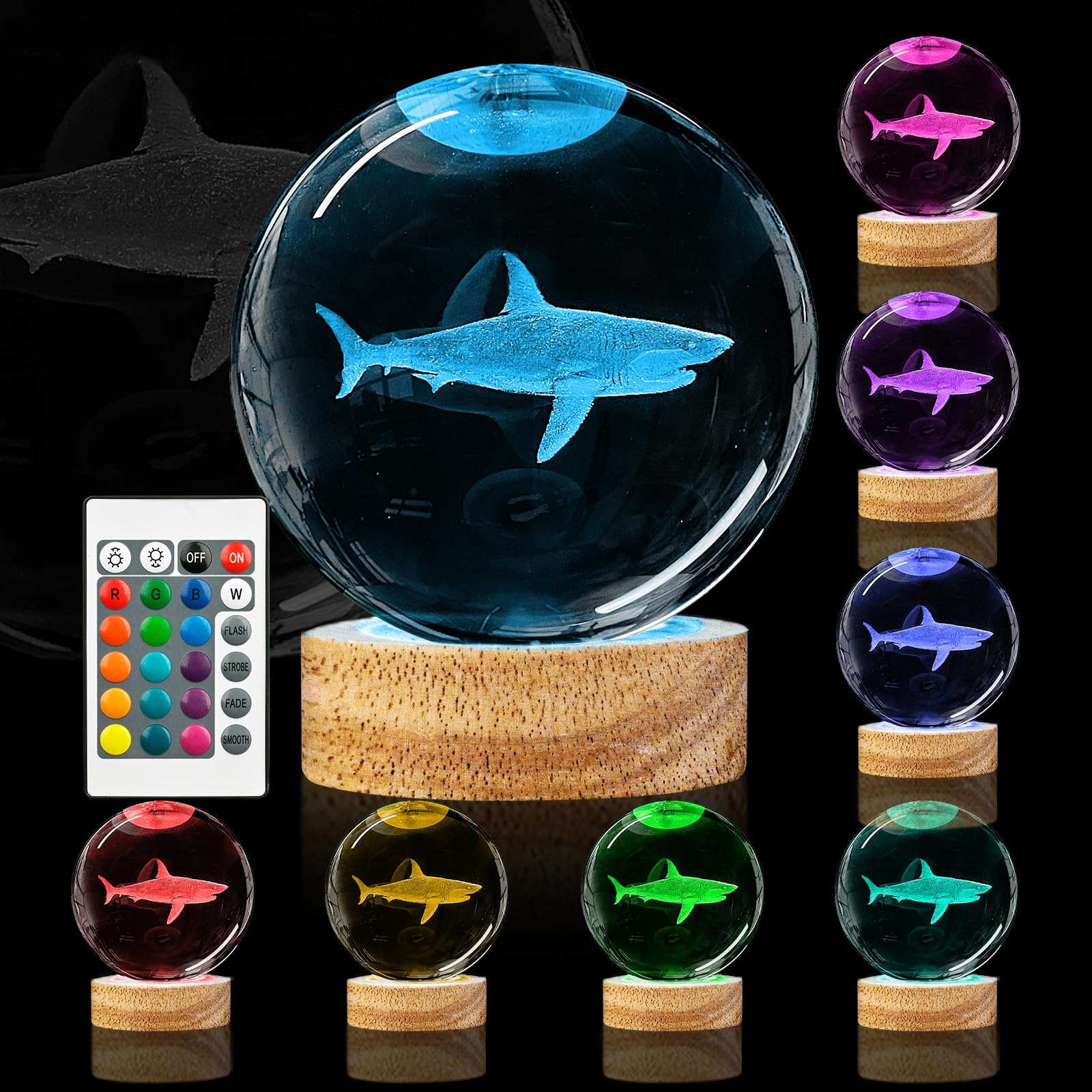 Oriamde 3D Shark Crystal Ball Night Light 3.15 inch Shark Glass Ball Lamp with 16 Color Wooden Base and Remote Shark Figurines R