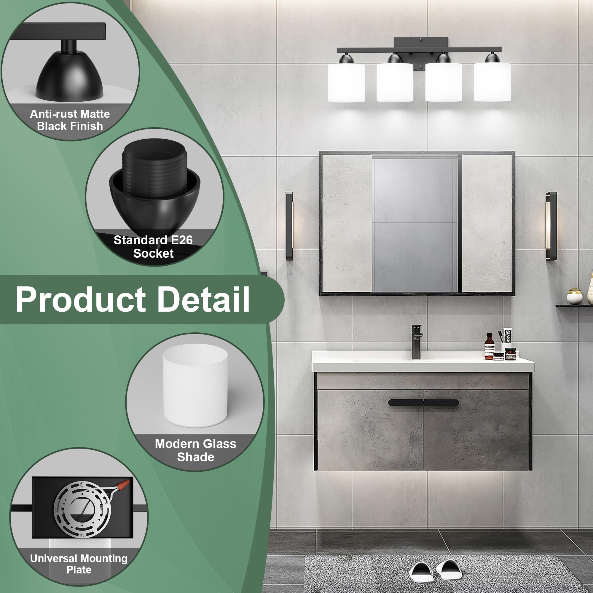 Dekang Black Bathroom Lighting Fixtures Over Mirror, 4-Light Anti-Rust Vanity Light For Bathroom, 24Inches Modern Wall Sconce, S