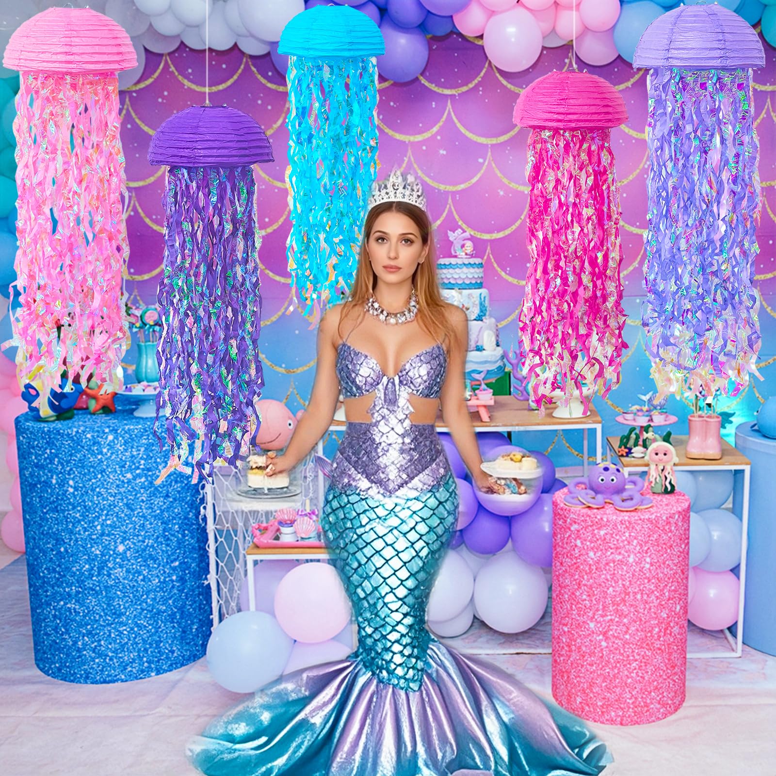 Adlkgg Pink Purple Blue Jellyfish Paper Lanterns, Under The Sea Party Decorations, Hanging Jelly Fish For Mermaid Ocean Themed B