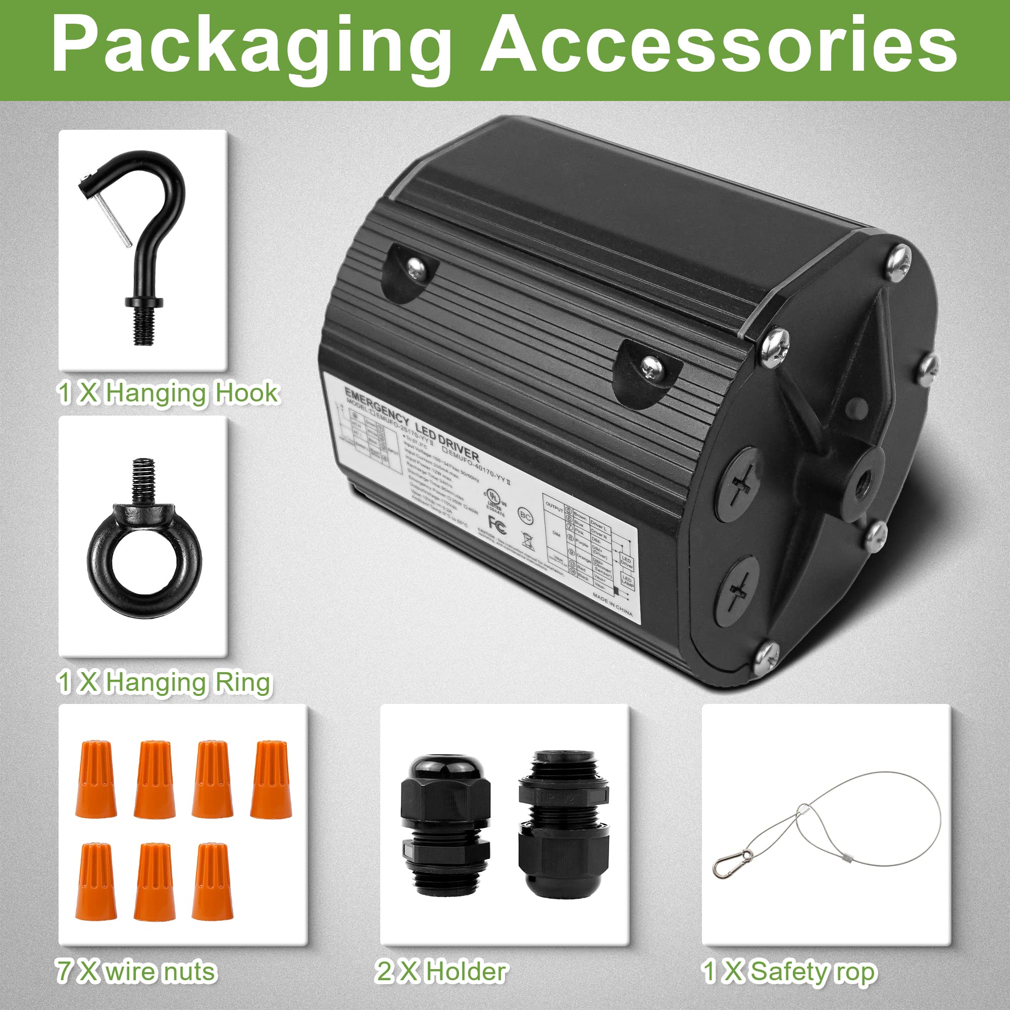 40W Led Emergency Backup Driver, Rechargeable Battery For Dimmable Ufo High Bay Light, Ac 100-347V To Dc 170V, 90-Min Emergency