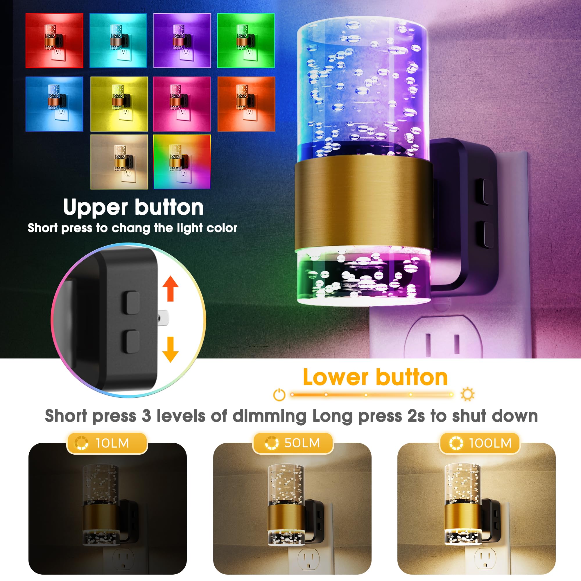 L LOHAS LED Night Light, Dimmable RGB 2-Pack with Remote Control, Dusk to Dawn Sensor, Acrylic Bubble for Bathroom