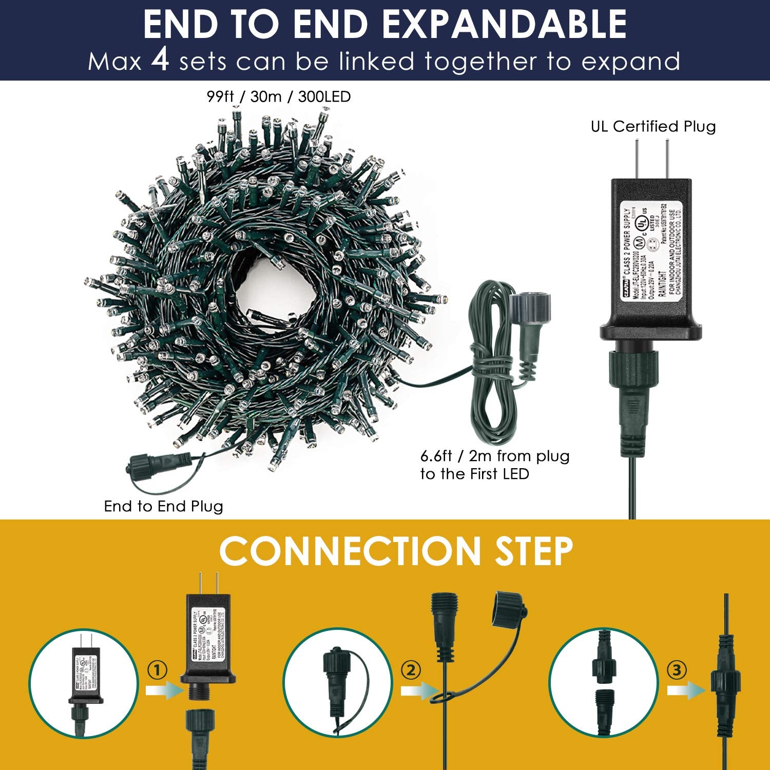 Decute 300Led Christmas String Lights Outdoor Waterproof 105Ft Ul Certified With End-To-End Plug 8 Modes, Cool White Indoor Starry Fairy Lights For Christmas Tree Patio Garden Wedding Party Decor