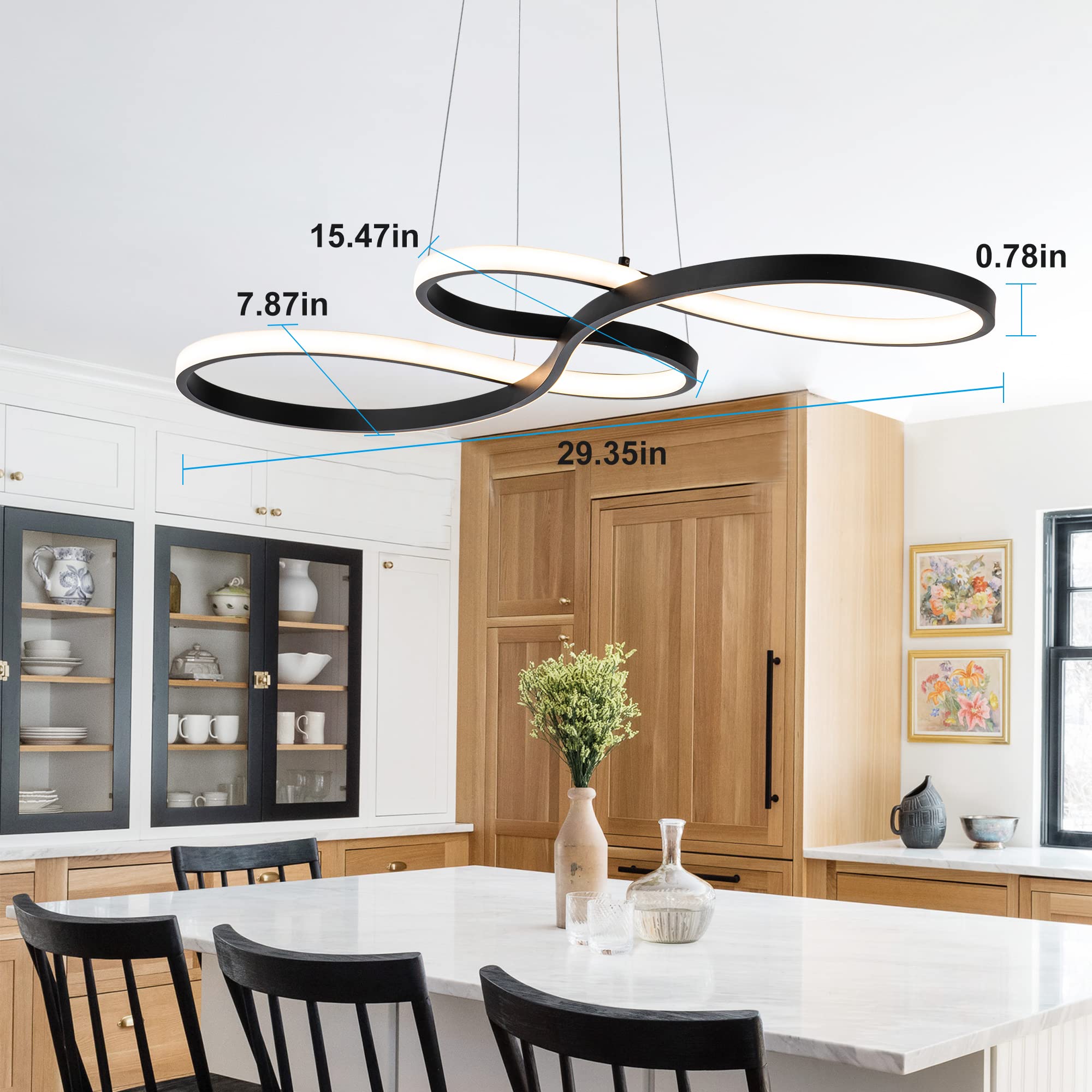 SUNMOO Modern LED Chandelier Pendant Light 50W Dimmable Adjustable 3000-6000K Black, Model PL21-WGDD-60W-26 for Dining Room, Living