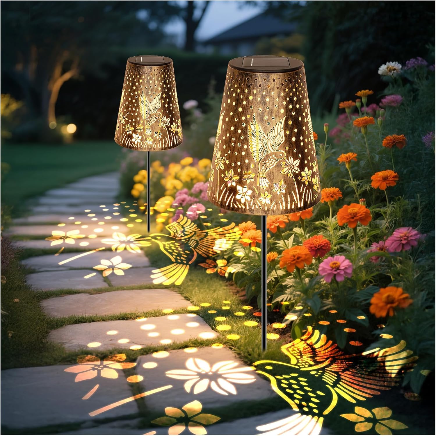 MMHF Solar Pathway Lights Outdoor  LED Bright Metal Retro Waterproof  Outside Decorative Hummingbird Lanterns Solar Powered for Path Lawn Patio Yard Walkway (Hummingbird 2P)