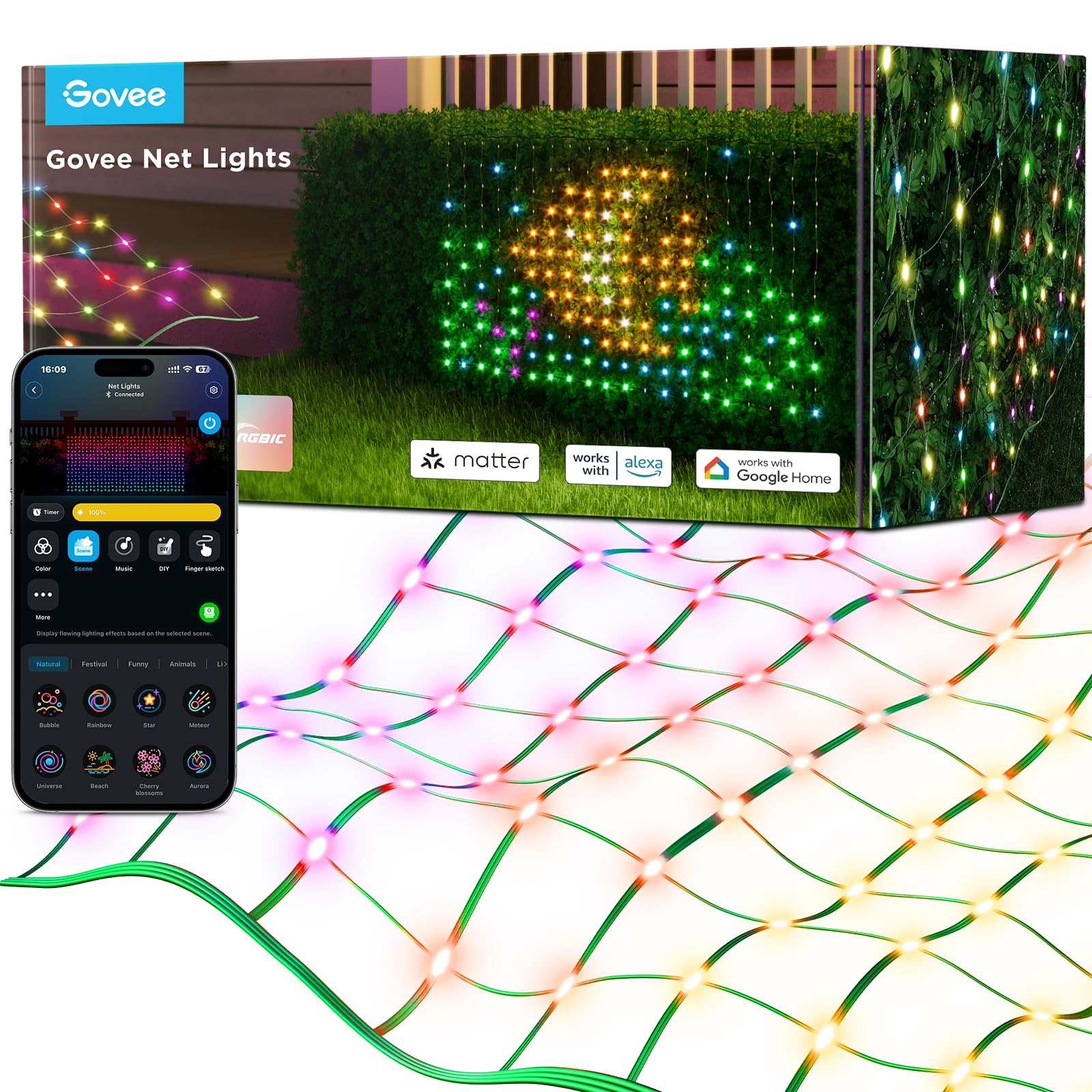 Govee Outdoor Net Lights, 2.8    4.7ft with RGBIC and DIY Functions, 240 LEDs Smart Net Lights with 64 Modes for Bush Patio Deco