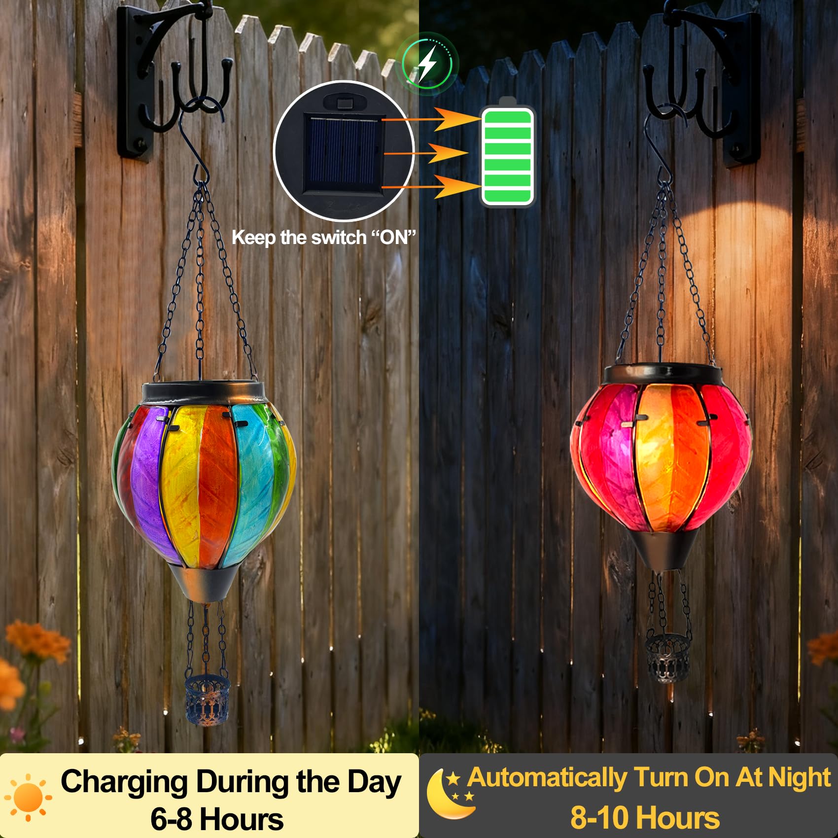 Twirleternity Hot Air Balloon Solar Lanterns - 2PCS Waterproof Outdoor Hanging Lights, Metal Hook, Flickering Flame, Rainbow Color