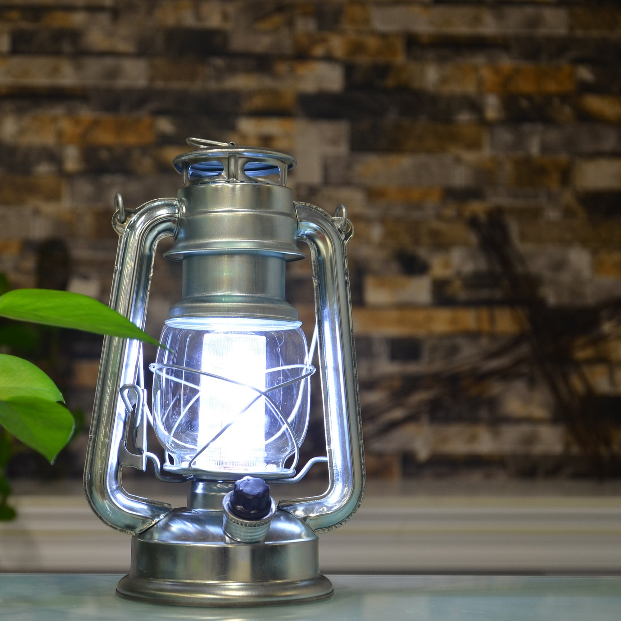 YAKii LED Vintage Lantern - Hanging Hurricane Light, 12 LEDs, Dimmer Switch, Battery Operated, Silver, Model 218446