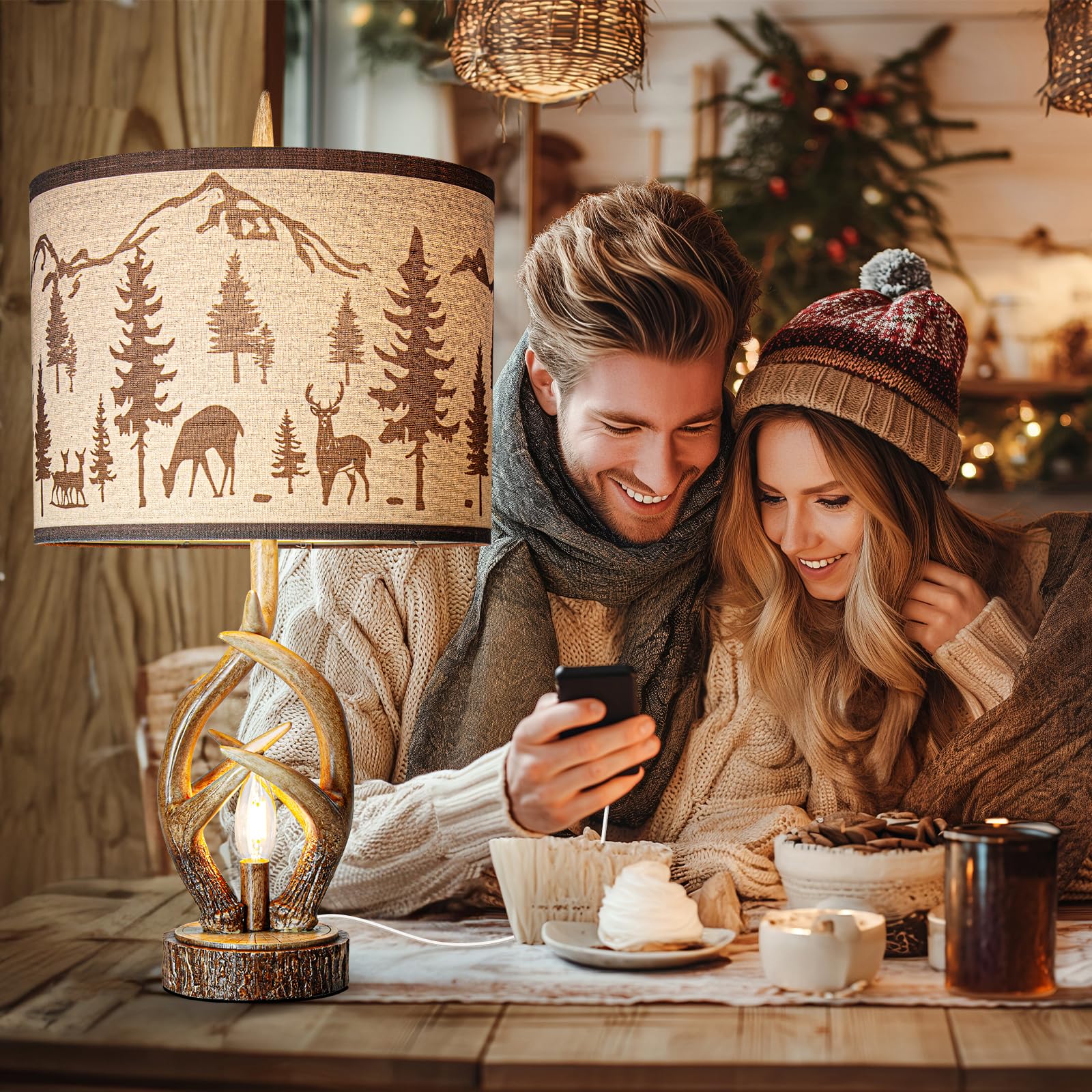 Scenekoy Antlers Style Table Lamp Set Of 2 Rustic Bedside Lamp With Night Light Linen Fabric Shade Farmhouse Nightstand Lamps Decor For Living Room Bedroom House Home Office (Bulb Included)