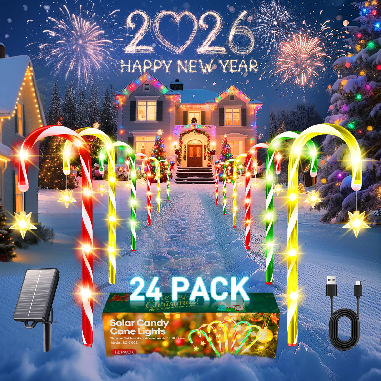 24 Pack Christmas Decorations Outdoor Colorful Solar Candy Cane Lights  10 Modes Waterproof Solar Christmas Pathway Lights With Usb Charge  56 Ft 144 Leds Outdoor Xmas Decor For Yard Porch Holiday