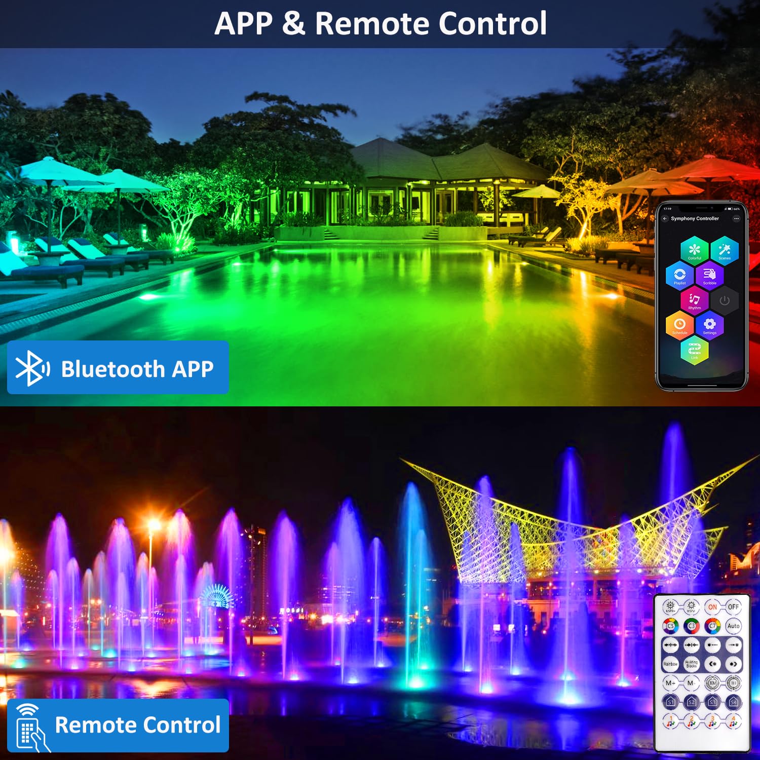 T-SUN Submersible Pond Light, Bluetooth Control, RGB Color Changing, 10 Lights, IP68 Waterproof, Model TS-F2220-BT