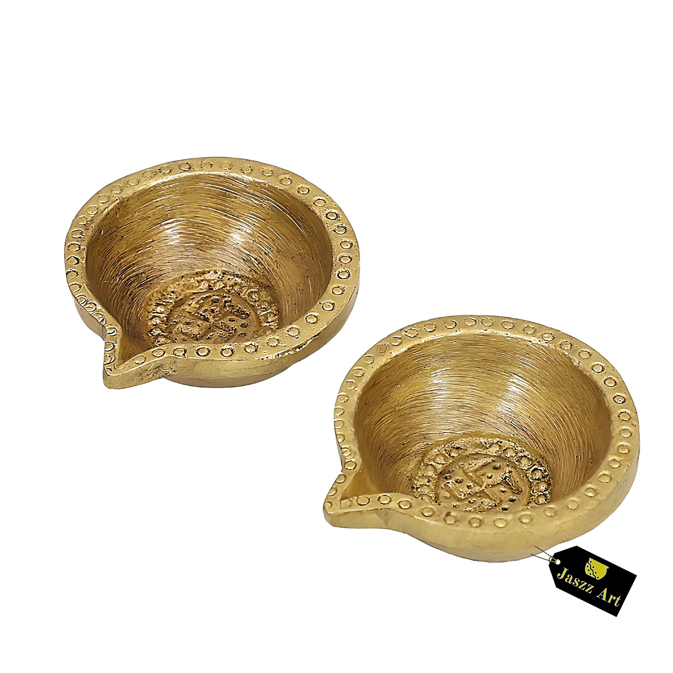 Jaszz Art Brass Diya (3 inches and 360g, Pack of 4) Pair Small Ethnic Design Handmade Curved Oil Wick Antique Kuber Deepak Lamp