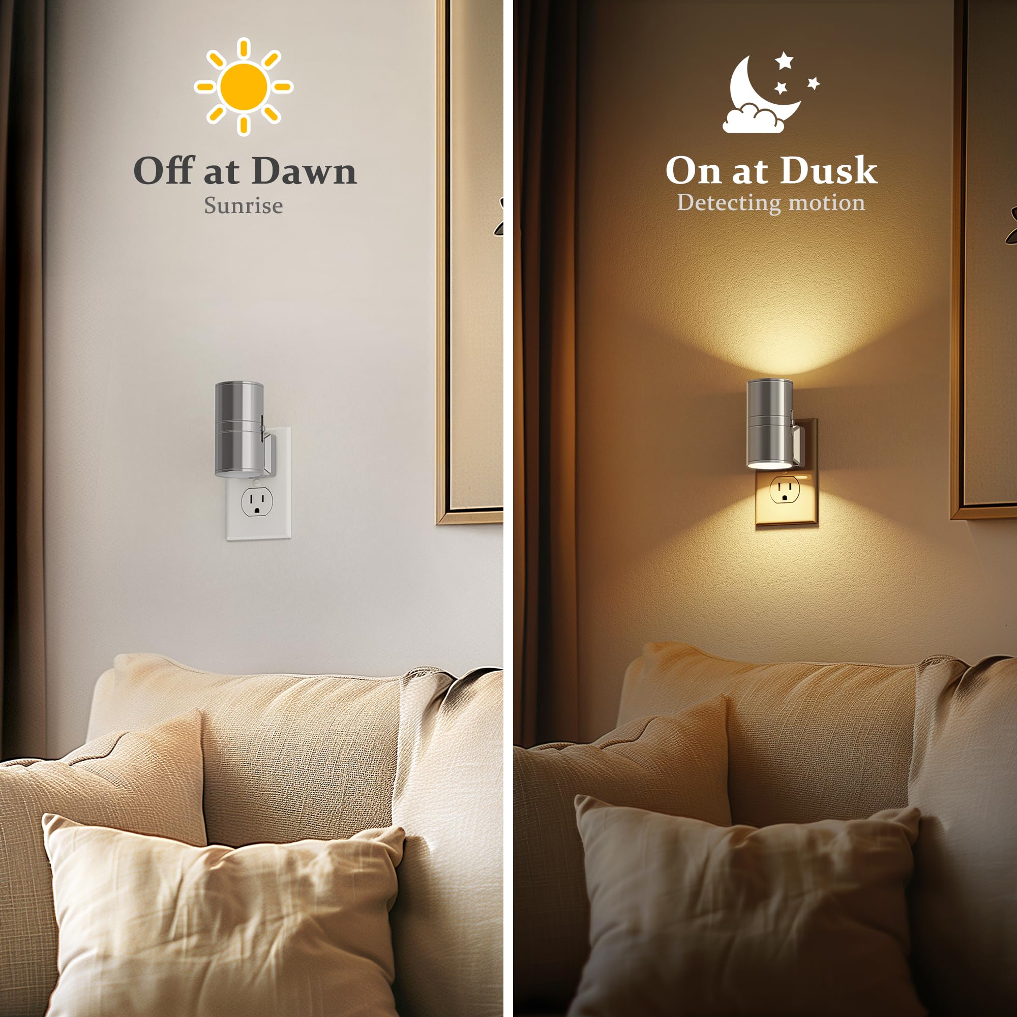 JandCase LED Night Light Plug-in, 2 Pack, Dimmable 3000K Soft White, Automatic Light Sensor, Silver Finish