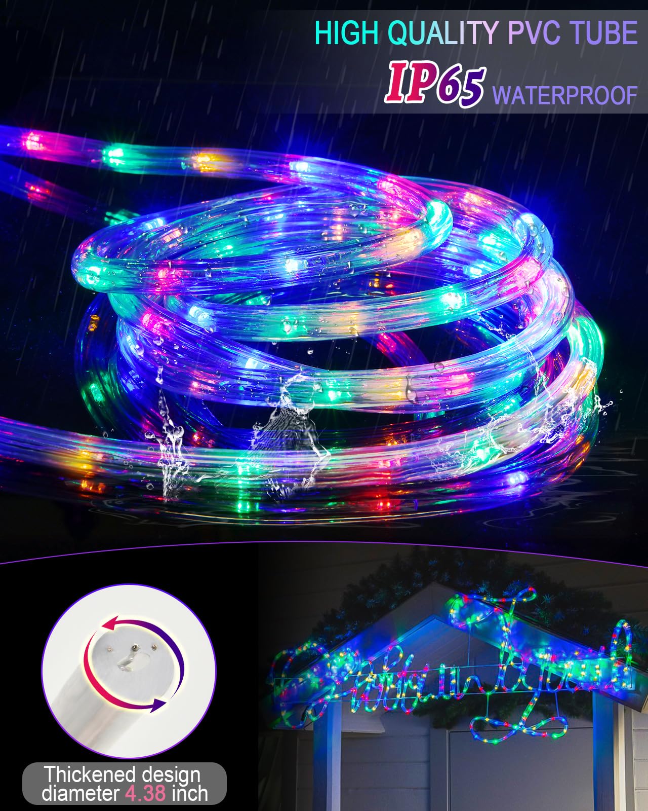 Rope Lights Outdoor Waterproof Christmas 100Ft 720 Led, Flexible Connectable Tube Lights, String Lights Decorative Lighting For Garden Patio Pool Tree Bedroom Xmas Decor (Multicolor)