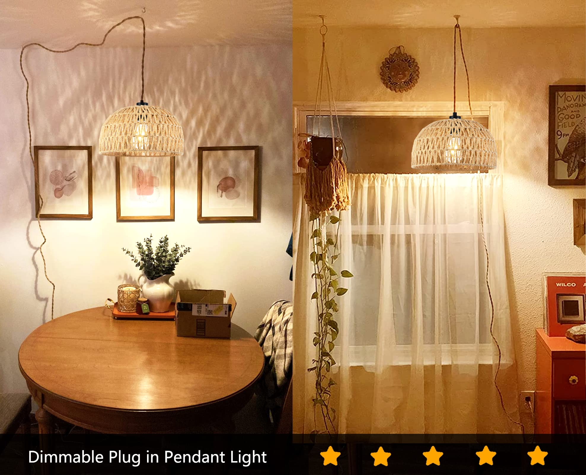 Plug In Pendant Light Rattan Hanging Lights With Plug In Cord Wicker Hanging Lamp With Woven Bamboo Basket Lamp Shade,Dimmable S
