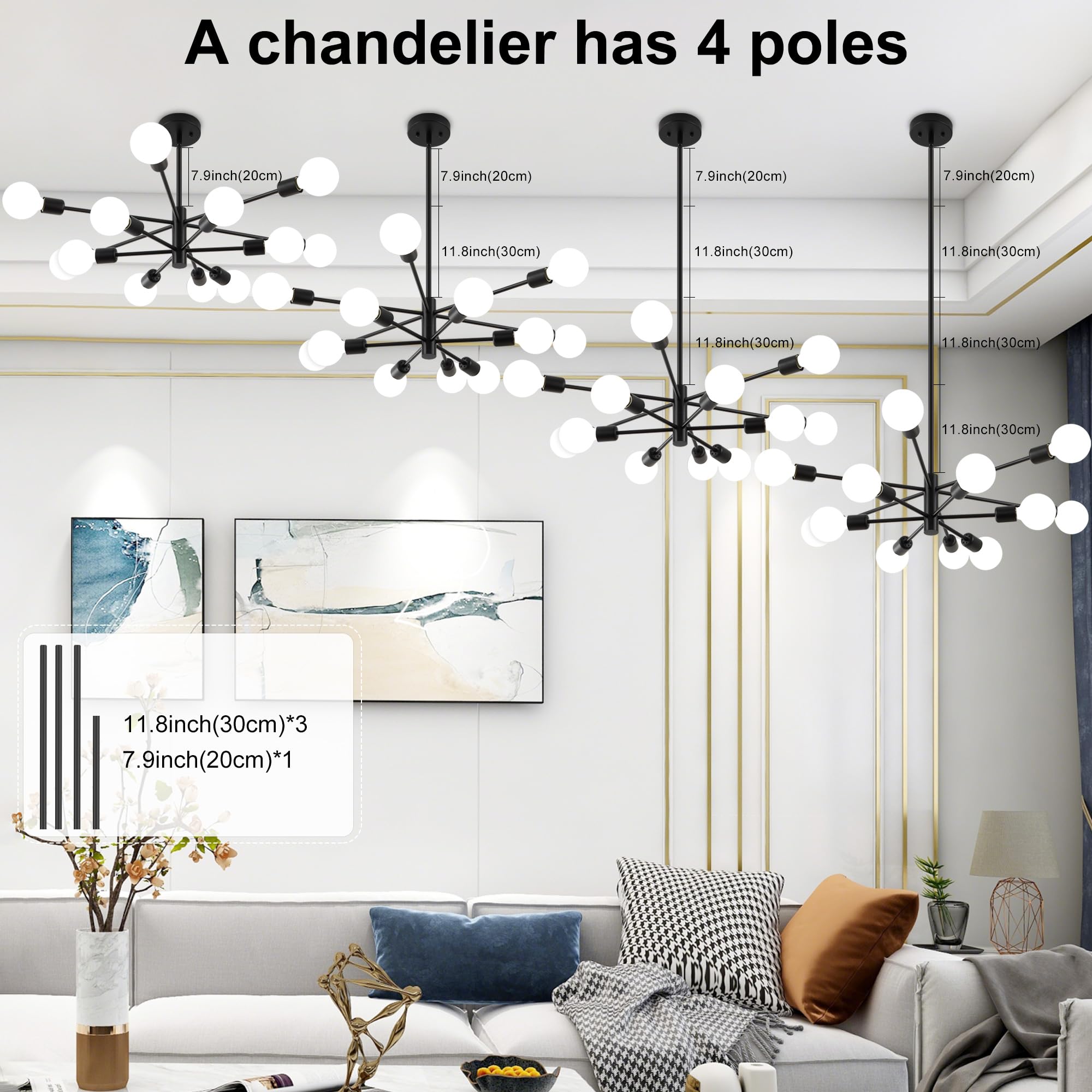 Deyidn Sputnik Chandelier, 12-Light Metal Ceiling Fixture, Black Modern Design for Living Room, Kitchen, Bedroom, Dining Room