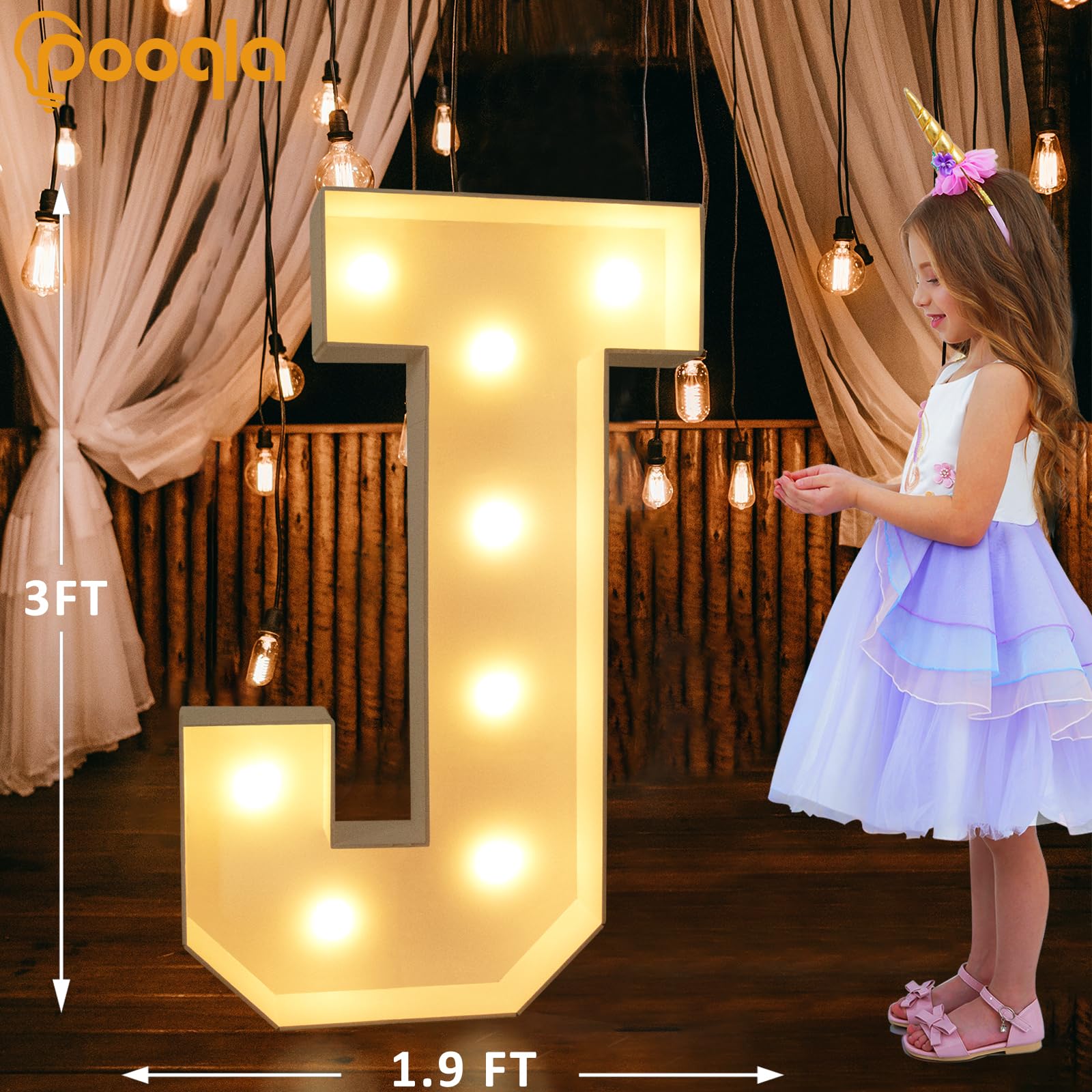 Pooqla Marquee Light Up Letter J, 3FT Cool White & Warm White LED, Plastic Giant Sign for Birthday, Wedding Party Decoration