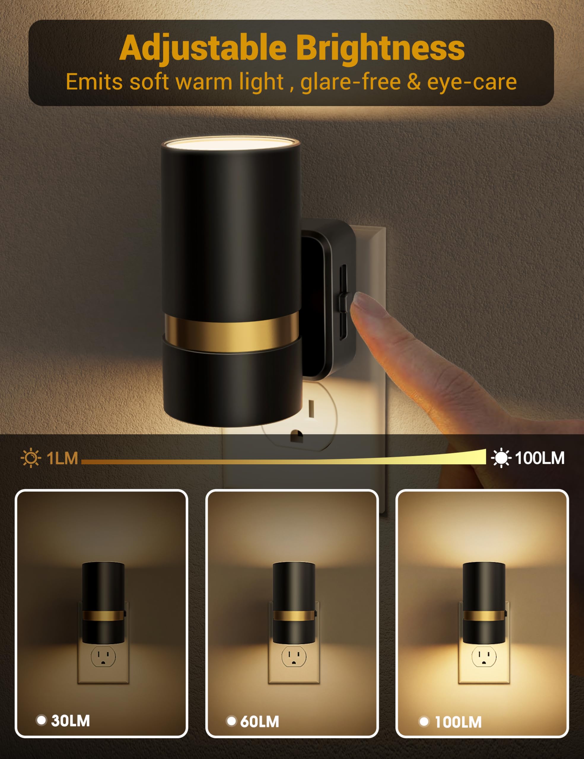 Fulighture Night Light Plug-in, Adjustable Brightness 0-100LM, Dusk to Dawn Sensor, Soft White, 2 Count, Black, Model GY136