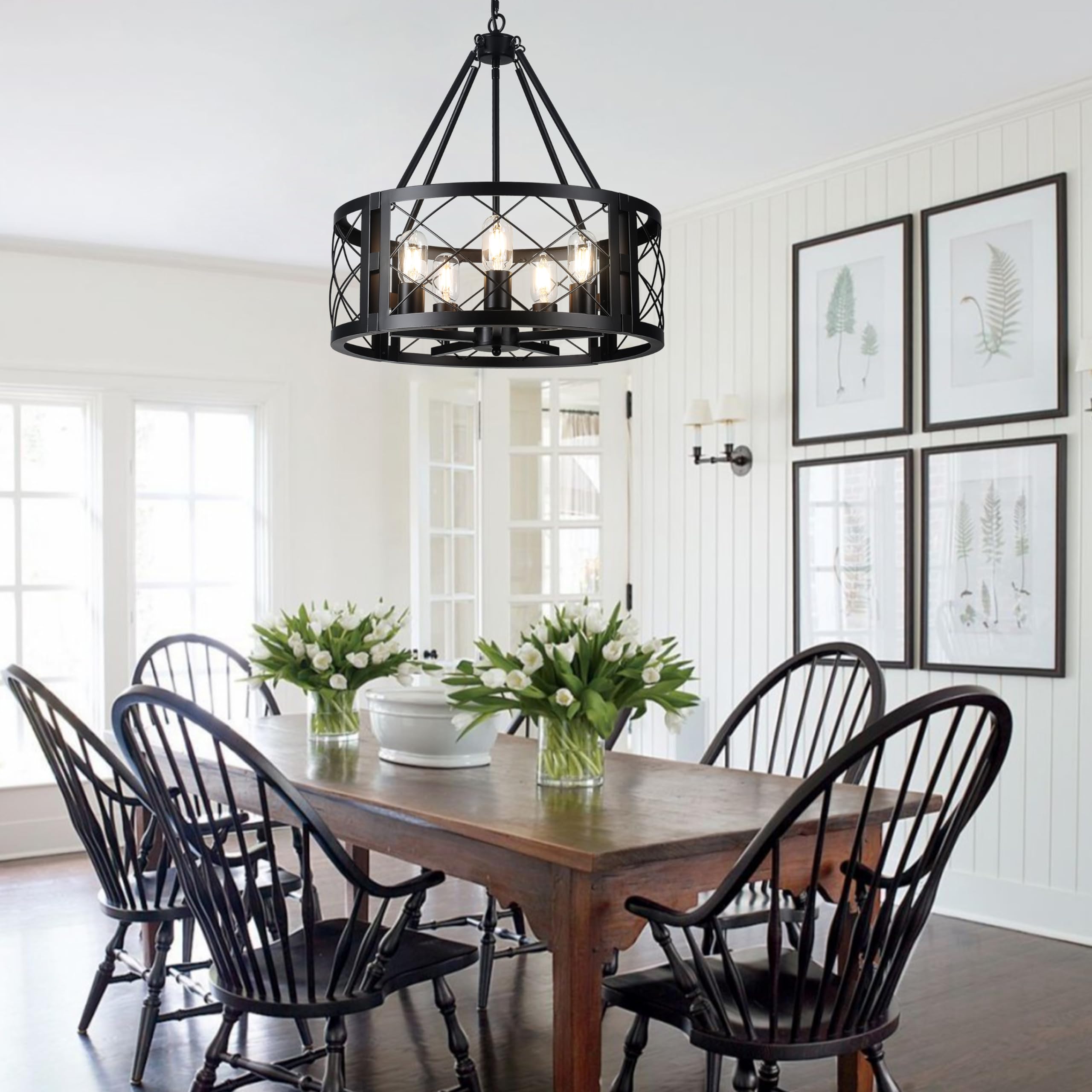 Corlaceling 5-Light Black Farmhouse Chandelier, 19.8" Round Pendant Lighting for Dining Room, Entryway, Hallway, Bedroom