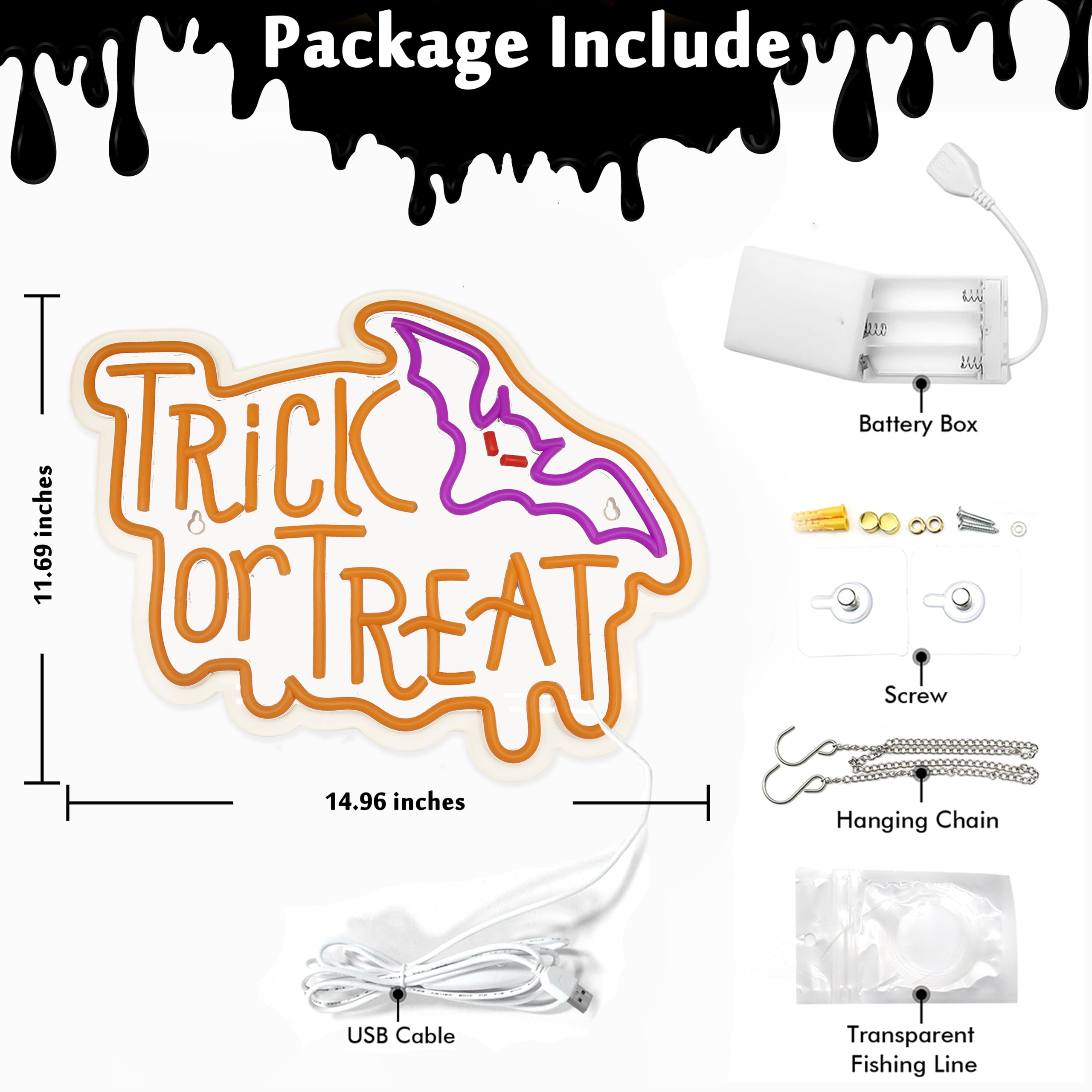Shellvcase Halloween Neon Sign, Trick or Treat Light, Battery/USB Powered, Adjustable Brightness, 14.9 x 11.6 inches, Acrylic