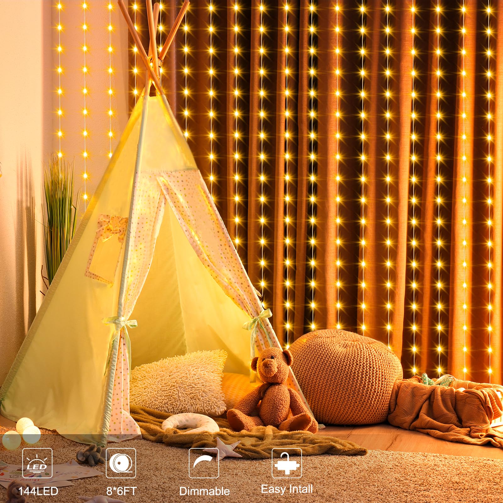 Lumbelle Fairy Curtain Lights Warm White Led Curtain Lights Usb Powered 8 Modes Hooks Outdoor Curtain String Lights Waterproof F