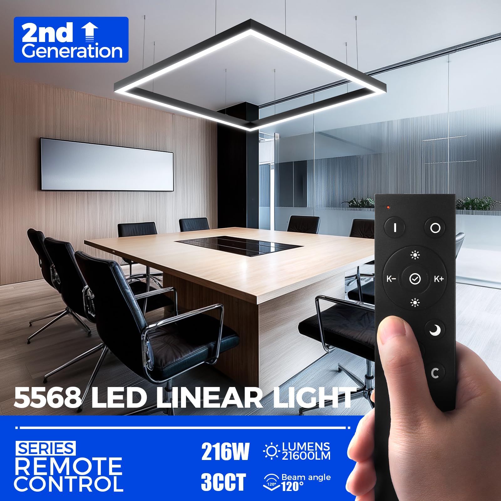 Barrina 5568 Remote Series Led Linear Lights Square Set 5Ft X 5Ft  2Nd-Generation  216W  21600Lm  Seamless Connection  3000K-6000K Color Changing  Suspended Shop Office Lighting With Remote  Black