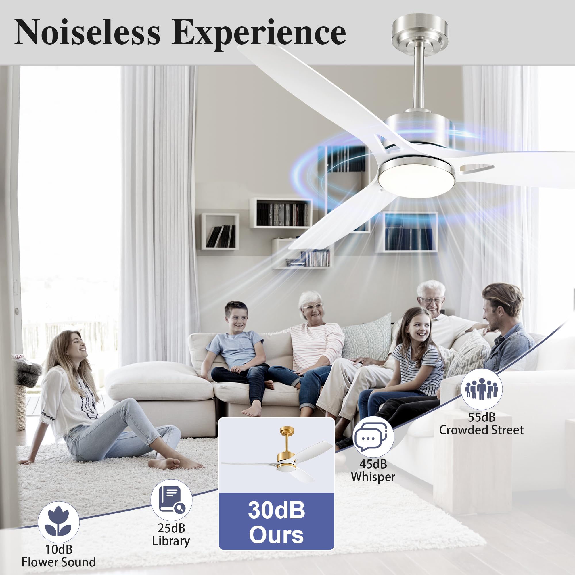 Diamondforge 52 Inch Ceiling Fans With Lights And Remote Control - Outdoor Indoor Flush Mount Low Profile Silver White Ceiling Fans For Living Room Bedroom Patio