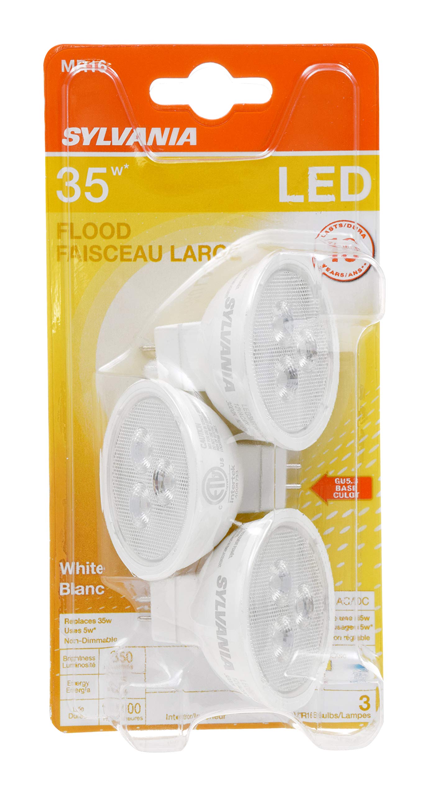 Sylvania Mr16 Led Flood And Spot Light Bulb  5W  35W Equivalent  Non-Dimmable  350 Lumens  3000K  White - 3 Pack (79129)