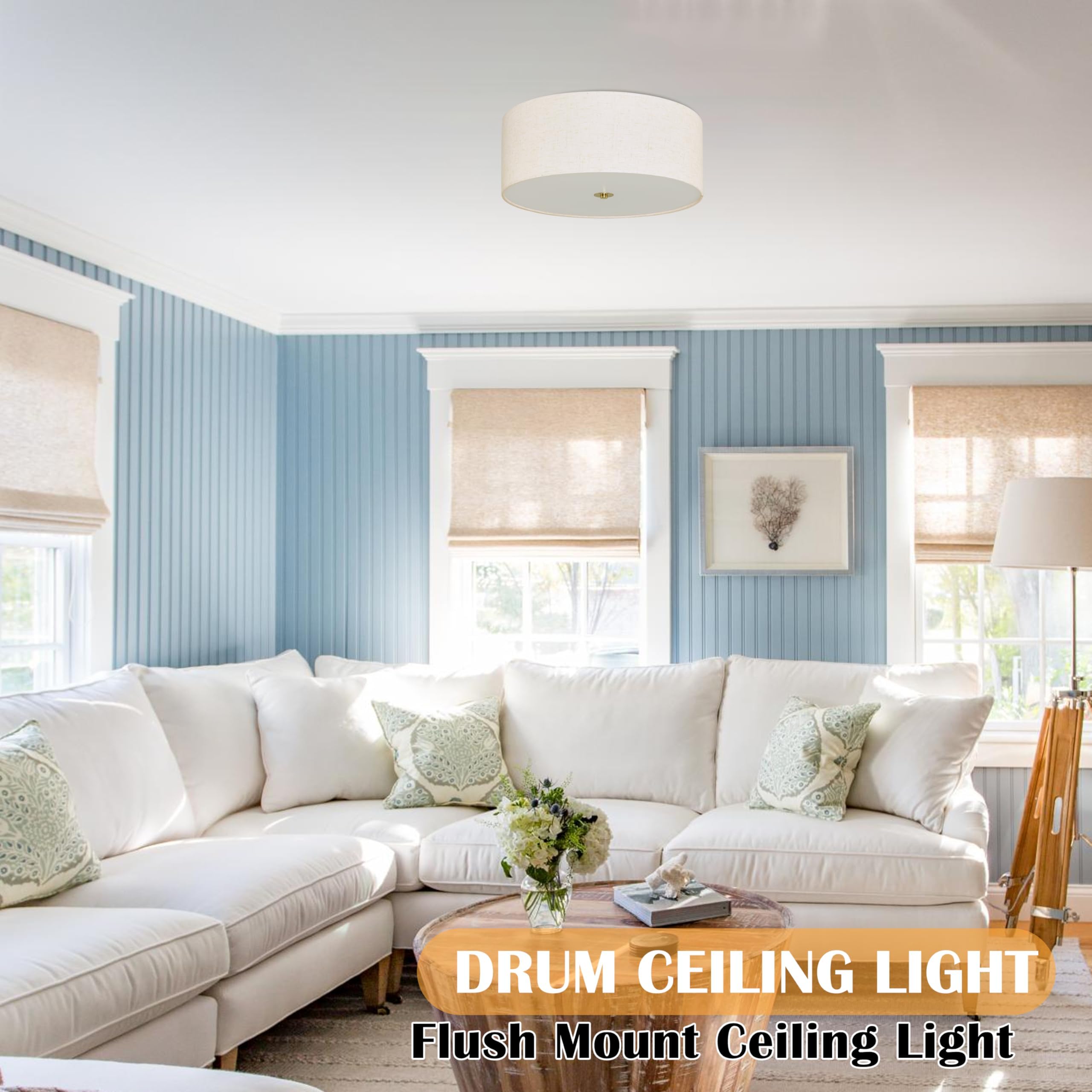 15.7 Inch Flush Mount Ceiling Light Fixture 3-Light Drum Modern Gold Ceiling Light Fixture Dimmable Close To Ceiling Light Fixtu