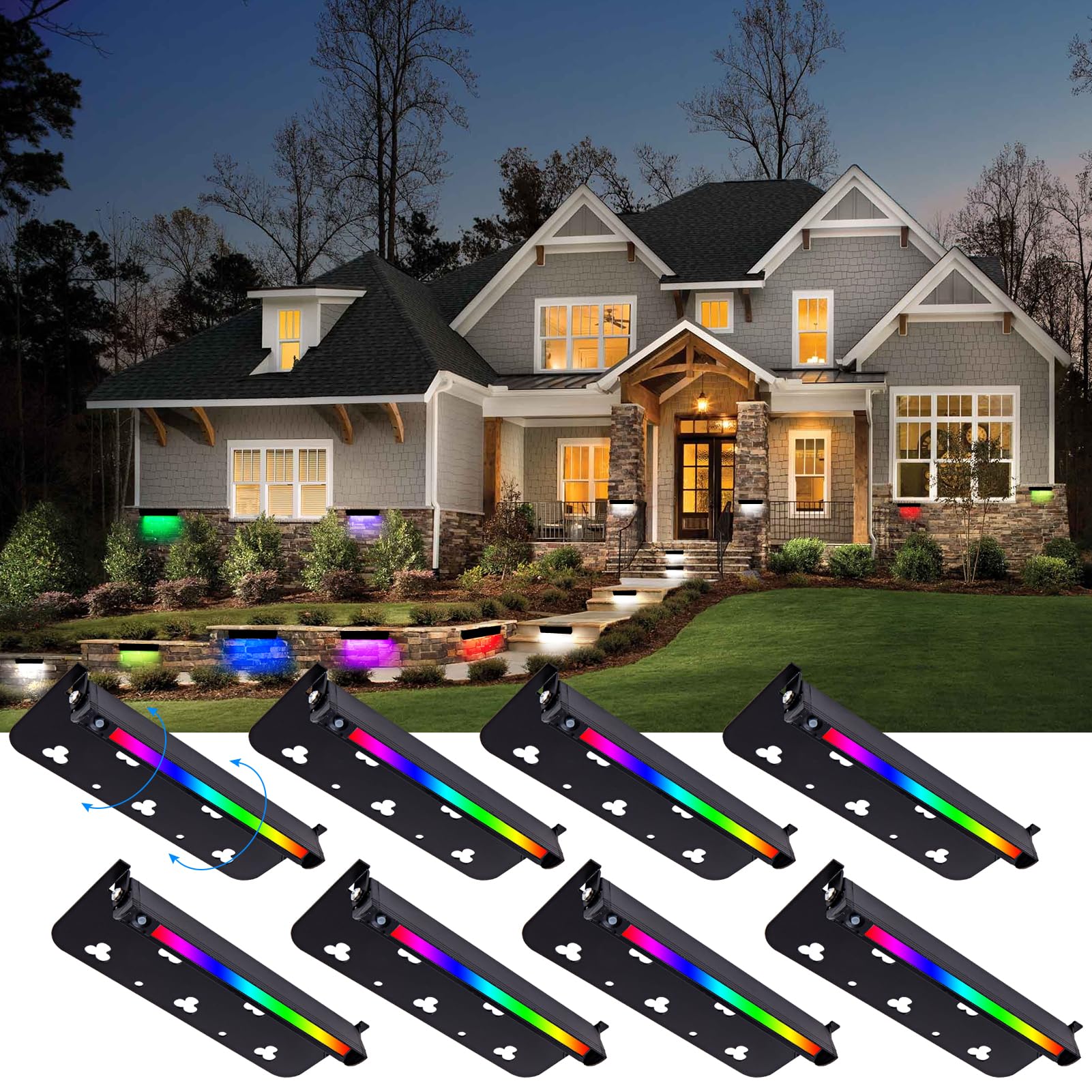 Lecotresy Modern RGBW LED Hardscape Lighting, 7inch, 9 Color Modes, 12V AC/DC, 8 Pack, 50,000 Hours Lifespan,
