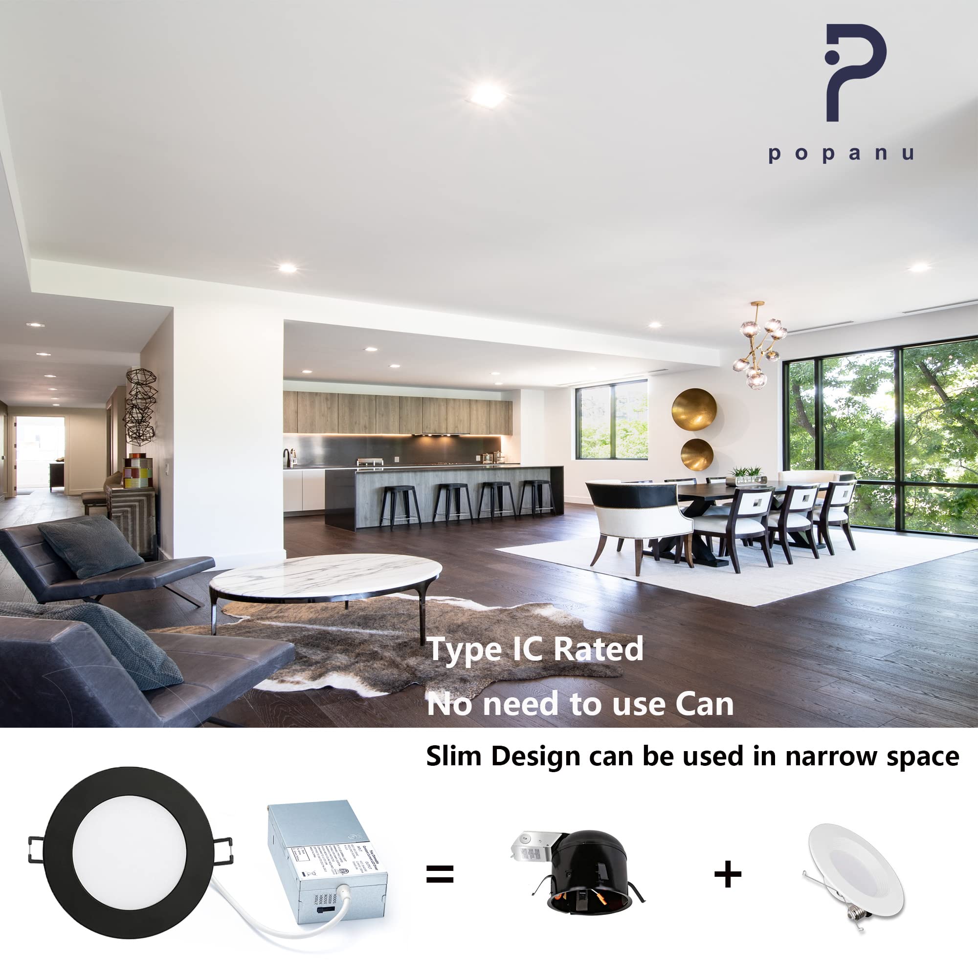 Popanu Led-Canless Downlight Recessed Lighting 4-Inch 5 Cct Adjustable Dimmable Recessed Lights Fixture With Junction Box, Ceilling Light With Junction Box, 2700-5000K, 9W, Black Finish, 6 Pack