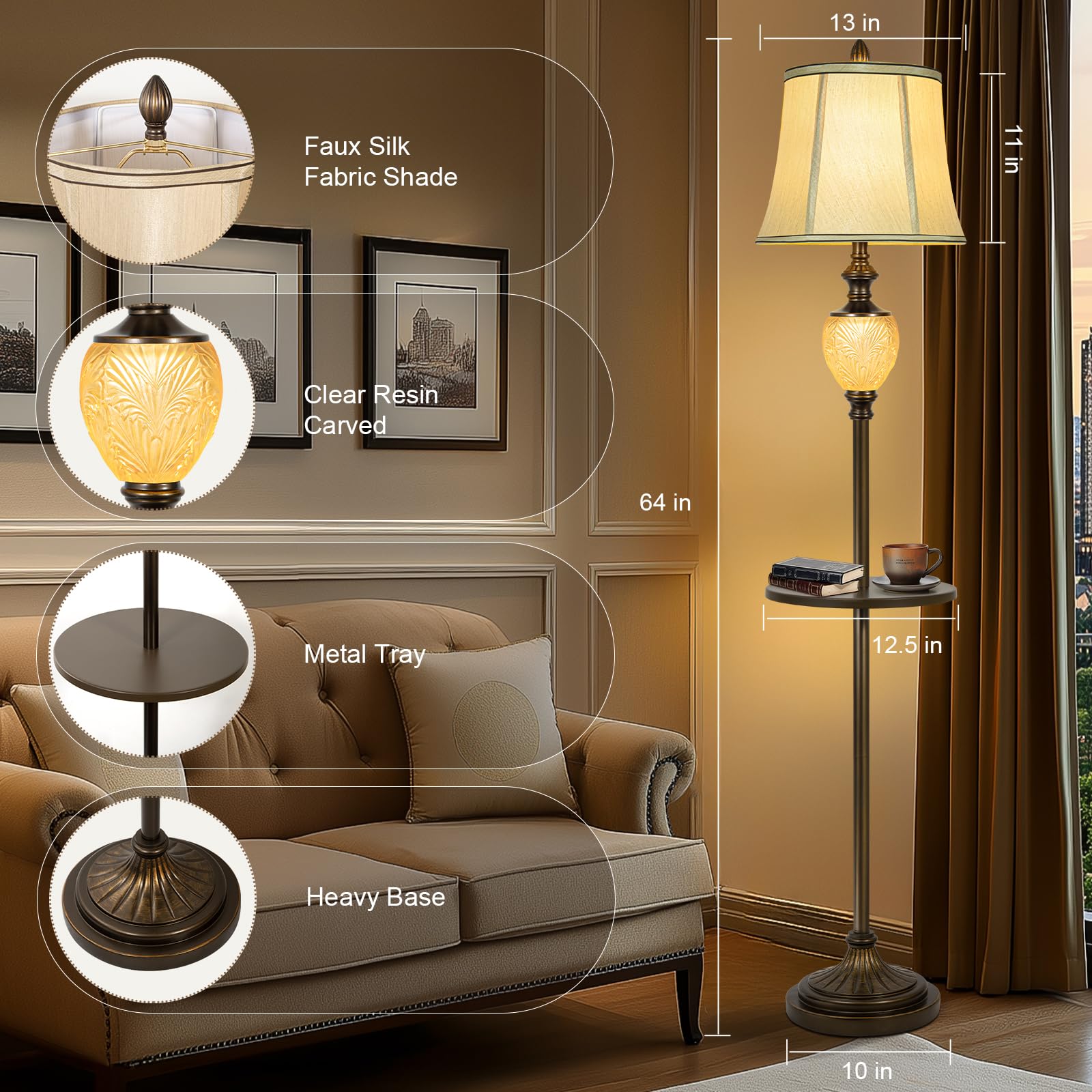 64'' Vintage Floor Lamp For Living Room With Tray And Nightlight Farmhouse Tall Standing Lamp With Beige Faux Silk Shade Rustic