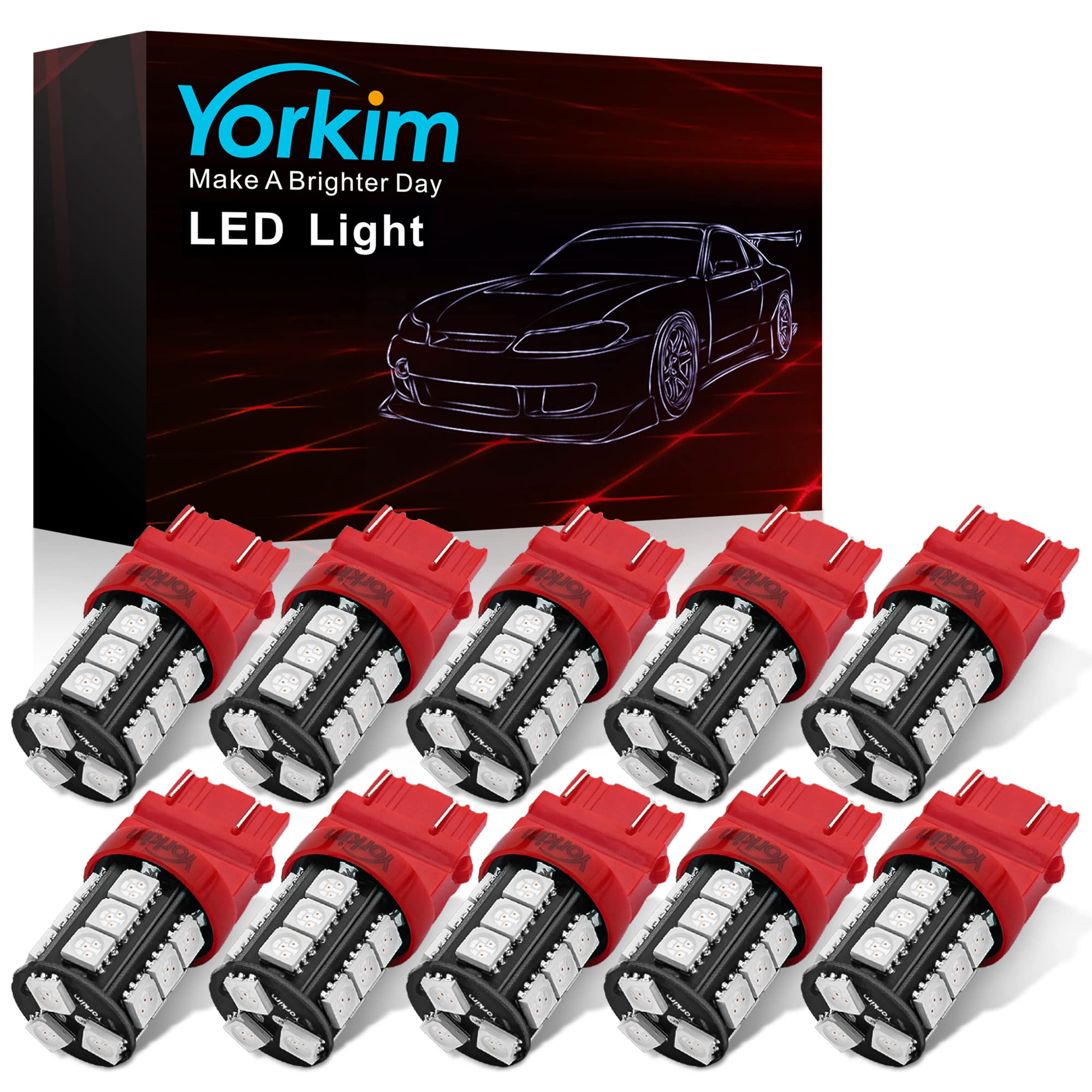 Yorkim 3157 LED Light Bulbs Red, 10 Pack for Brake/Backup/Reverse Lights, Model YK2743