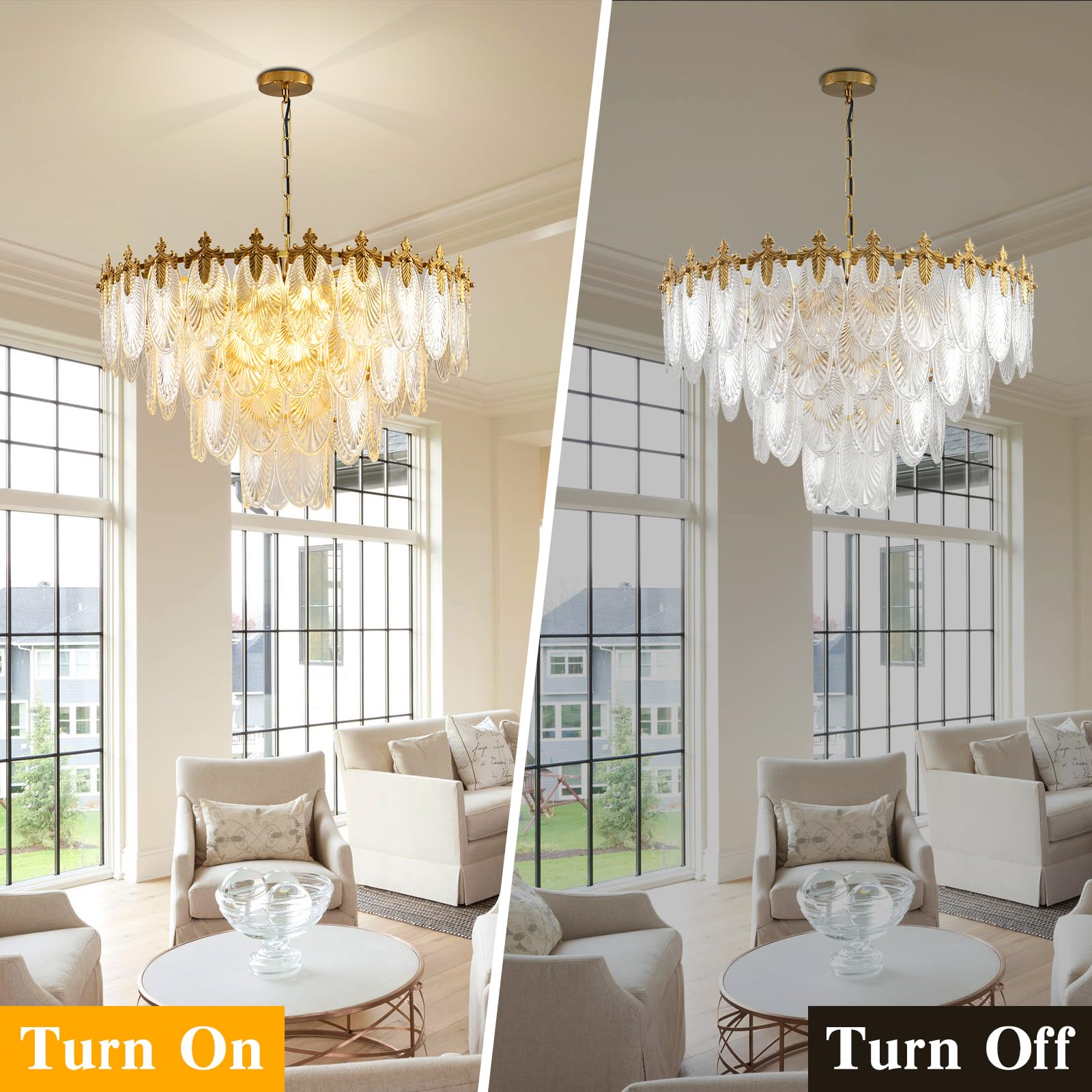 KELUOLY Modern Crystal Chandelier, 12 Light Round Pendant, 31.5" Gold Glass, Adjustable Height, Model XY-LW1017-Y80J