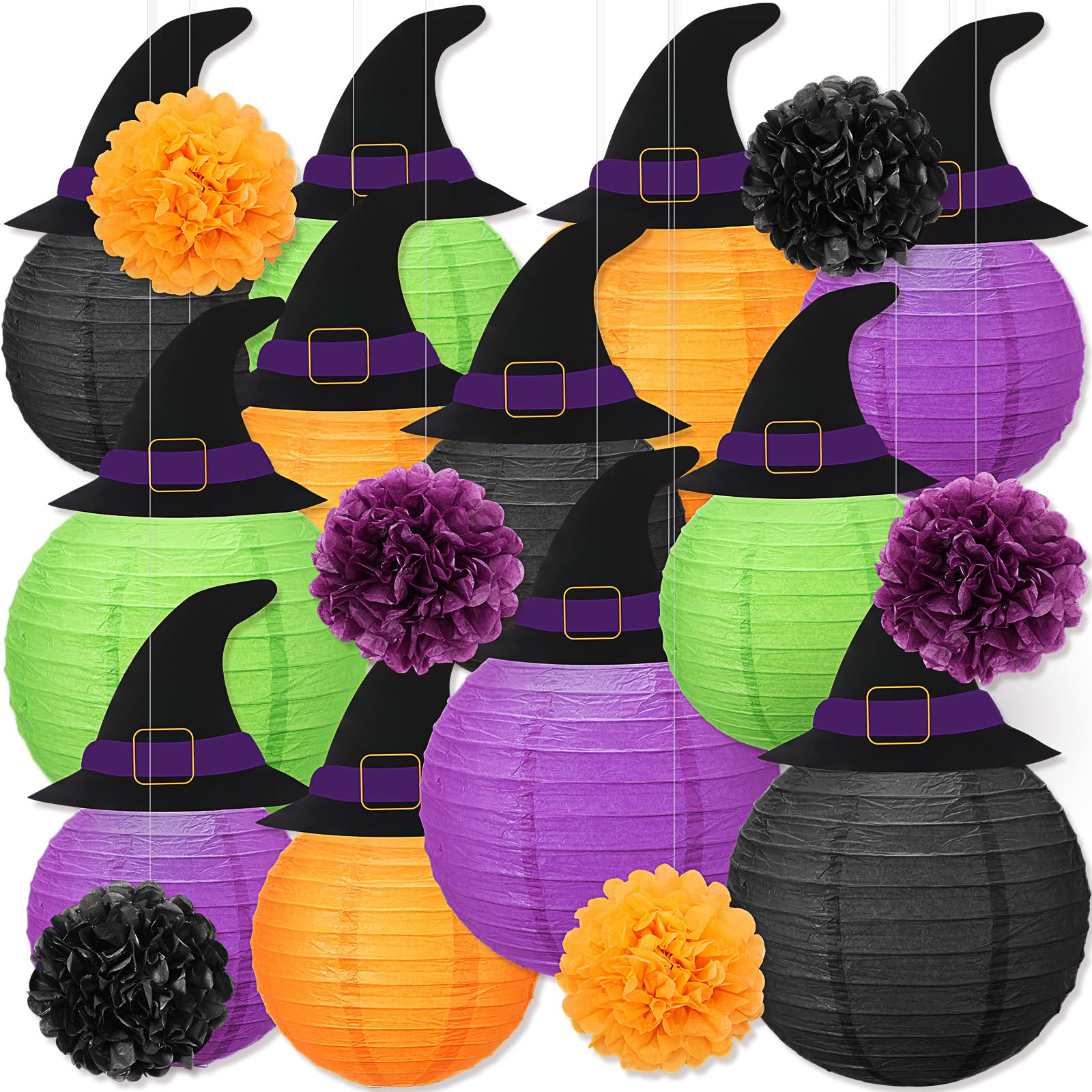 Retisee 18 Pcs Halloween Paper Lanterns, Purple and Black, Hanging Decorations with Witch Hat, Indoor/Outdoor Party Supplies