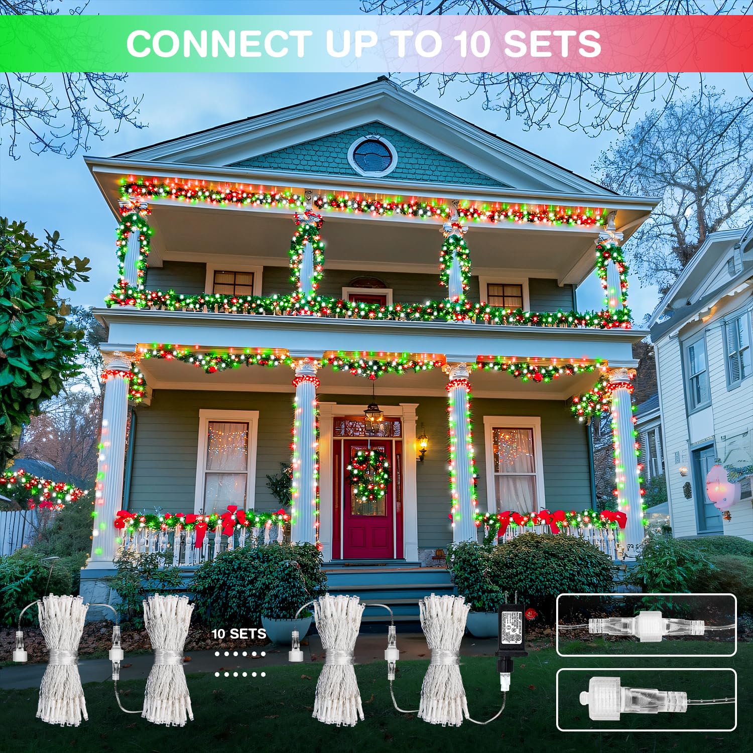 Jmexsuss 500 Led Red White And Green Christmas Lights, 8 Modes 163Ft String Lights Plug In With Remote Control, Clear Wire Chris