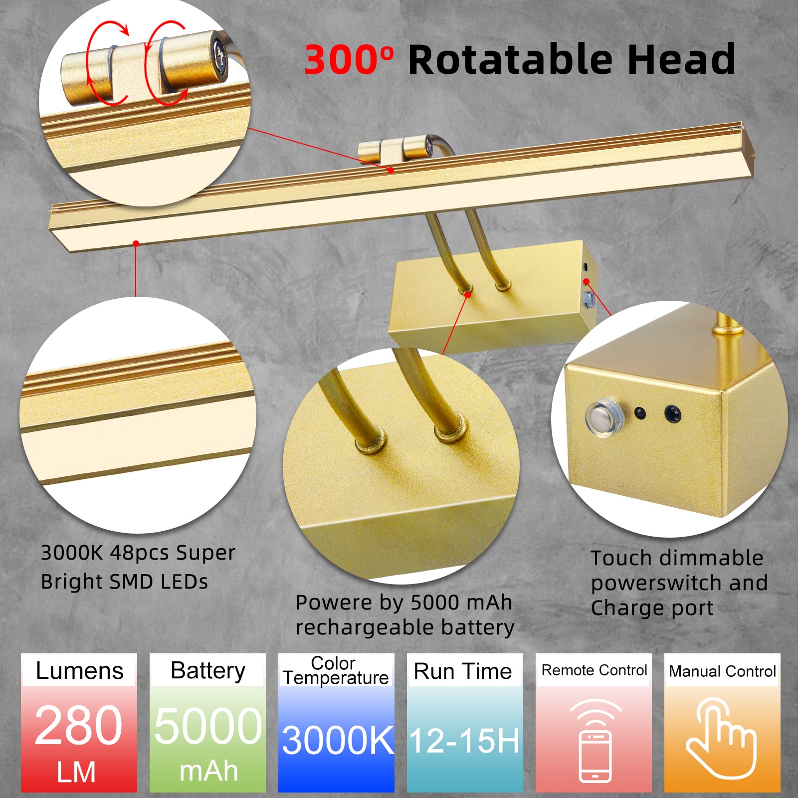 FUNCHDAY Battery Operated Picture Light - 16" Metal Art Light, Dimmable, Wireless Remote, Gold-L