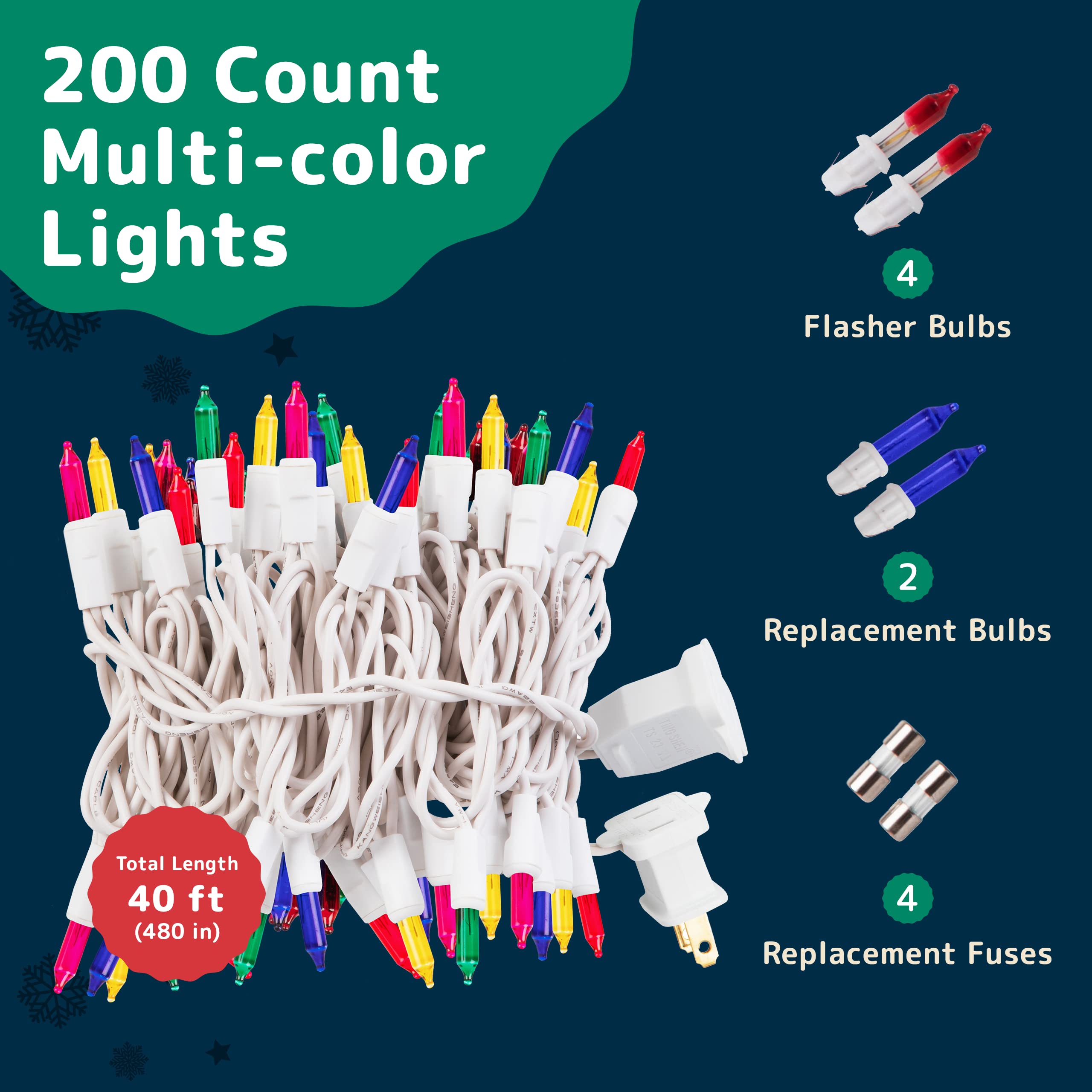 PREXTEX Bright & Colorful Christmas Lights (40 Feet, 200 Lights) - Fall Decor & Christmas Tree Lights with White Wire - Indoor/O