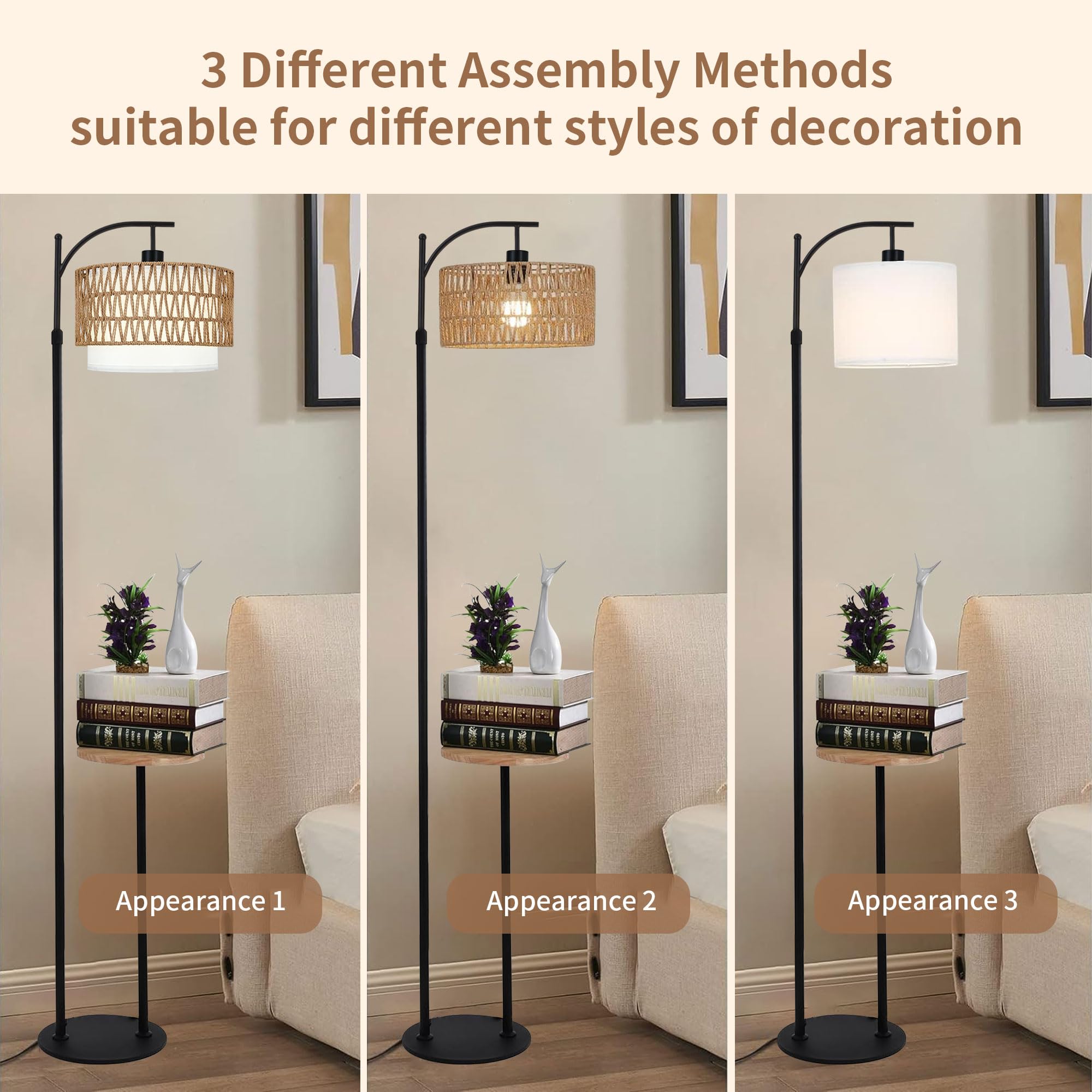 Arc Floor Lamp With Table And Shelves,Rattan Boho Floor Lamp With Remote Control,Rustic Floor Lamp For Bedroom Wicker Standing L