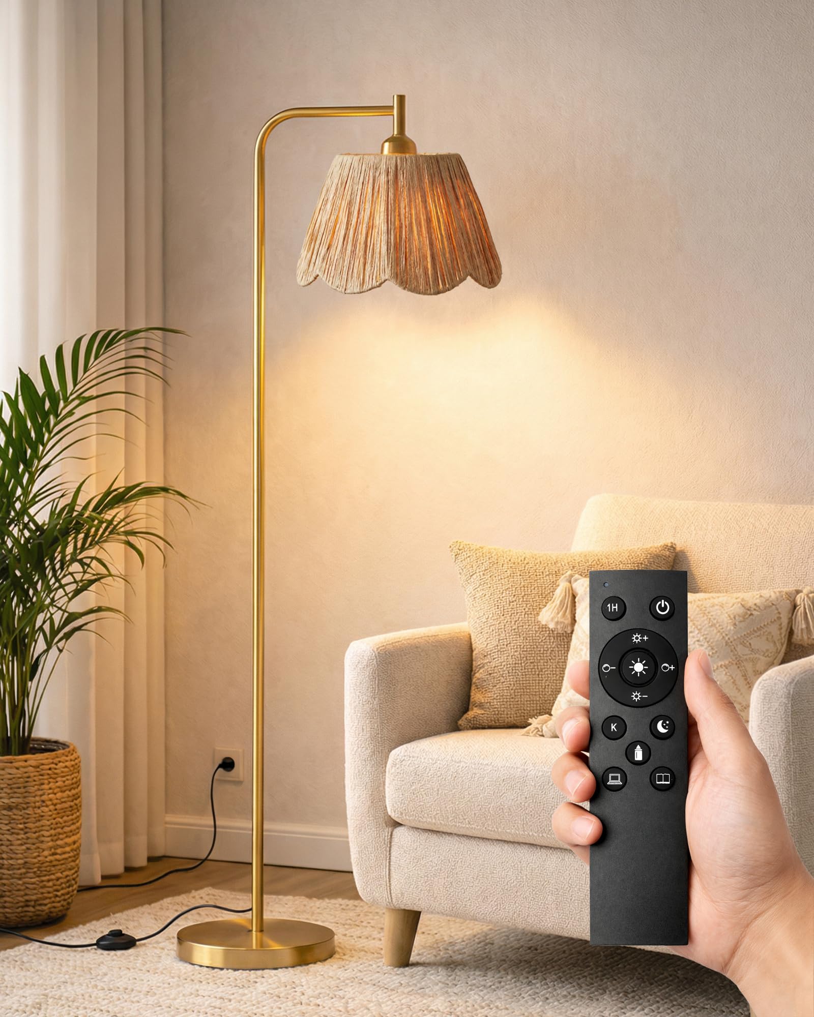 JOOFO Boho Floor Lamp with Remote & Foot Switch, Brushed Gold Standing Lamp with Flower-Inspired Textured Shade, Stepless Dimmab