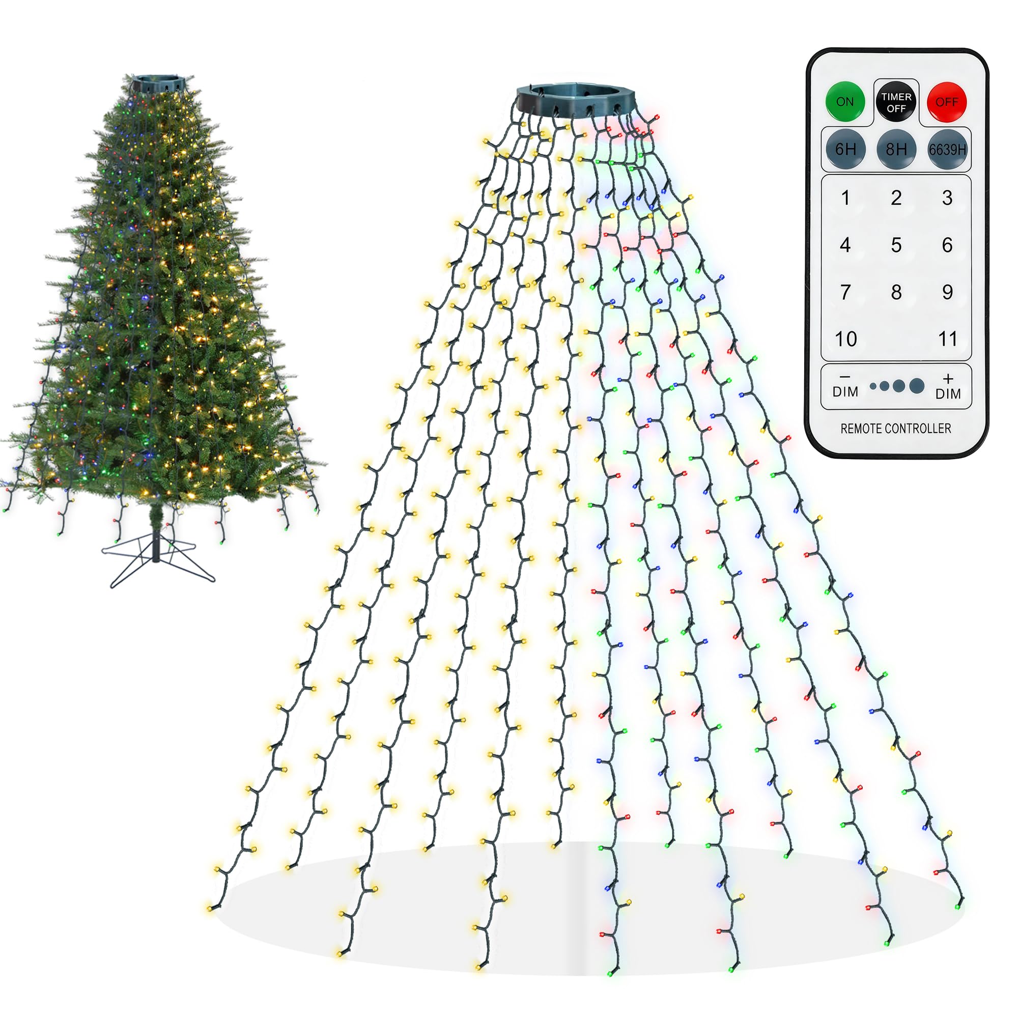 Dazzle Bright Christmas Tree Lights  448 Led Waterfall Tree Topper Lights With Remote & 11 Modes  8.2Ft X 16 Lines Christmas Light For Indoor Outdoor Party Xmas Decoration  Warm White & Multi-Colored