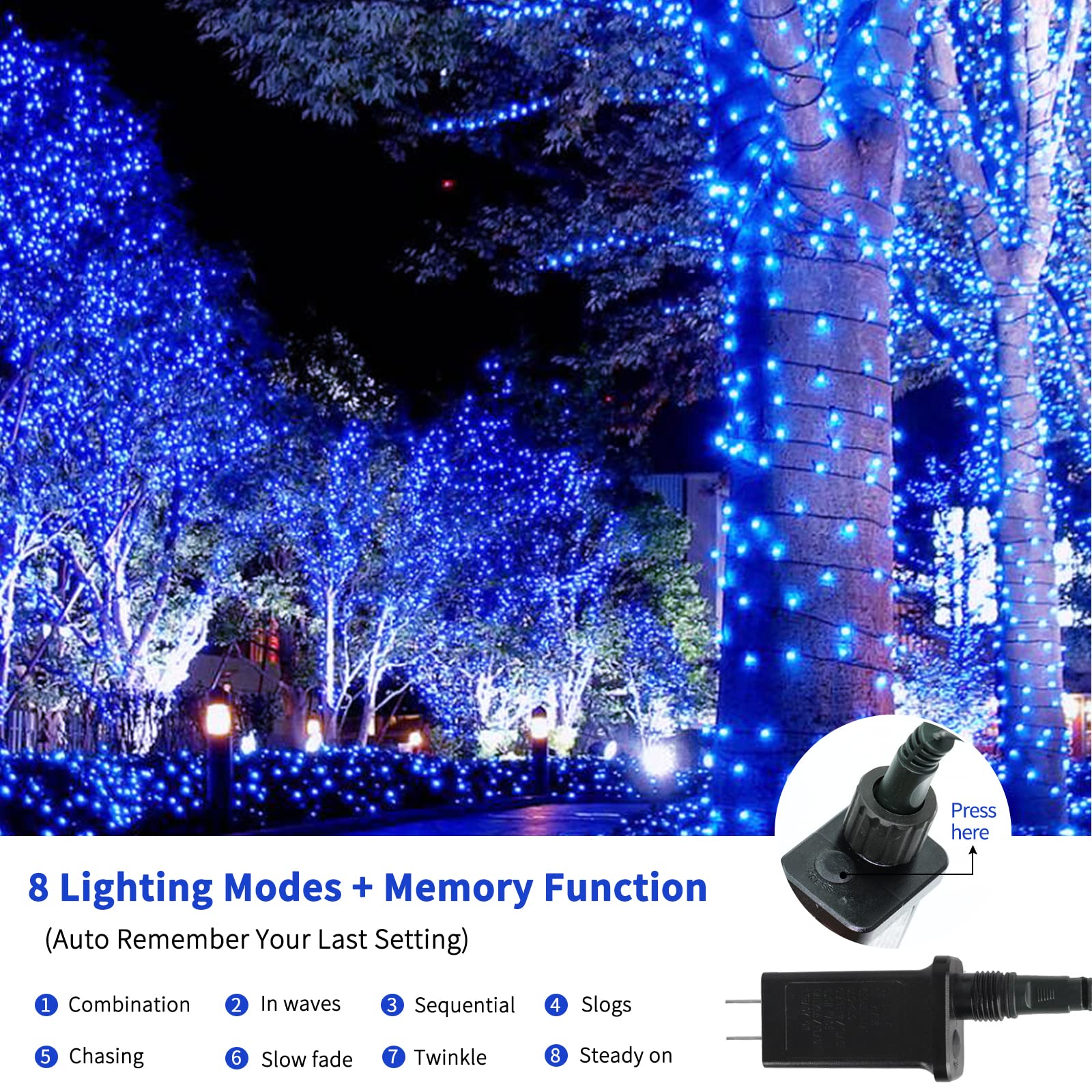 MZD8391 Christmas String Lights 300LED 105FT Blue Outdoor Indoor 8 Modes QL300AE