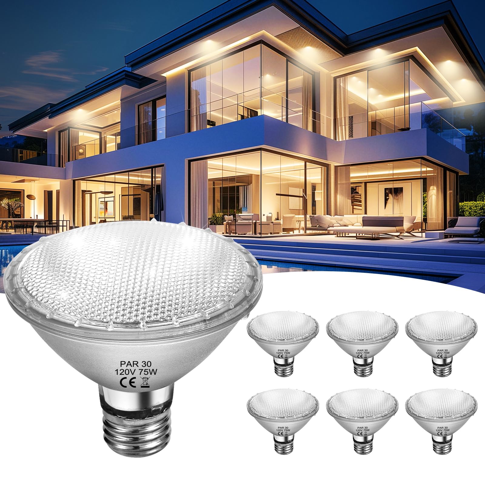 Homnebila Par30 Short Neck 75W  6 Pack Par30 Halogen Flood Light Bulbs  2700K  Dimmable  Long Lasting Par30 Light Bulb 120V With E26 Base For 5-6In Recessed/Ceiling Cans/Accent/Tracking Lighting