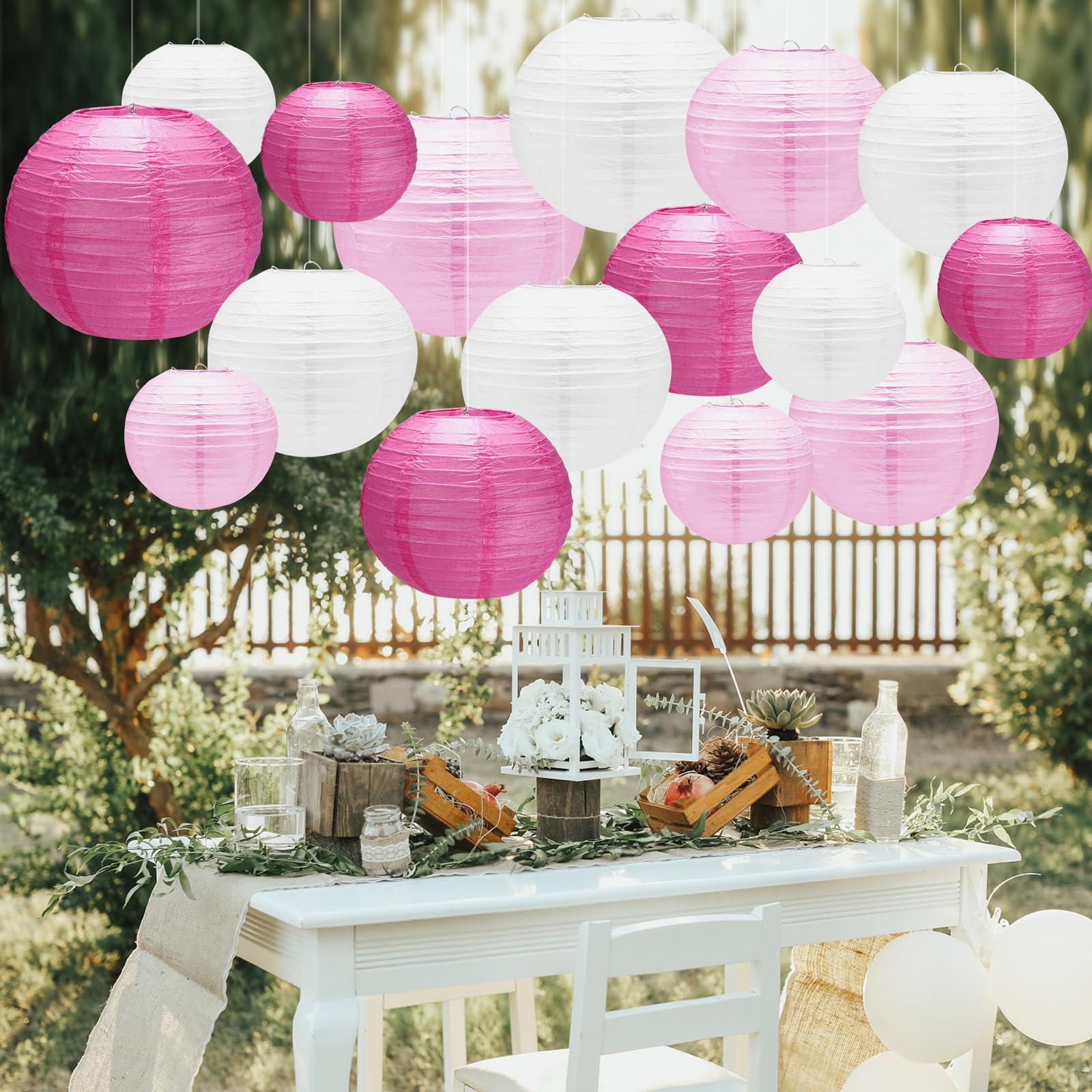 16Pcs Pink Paper Lanterns,Round Hanging Paper Lantern Party Decorations With Tape And String For Galentines Day,Birthday,Graduat