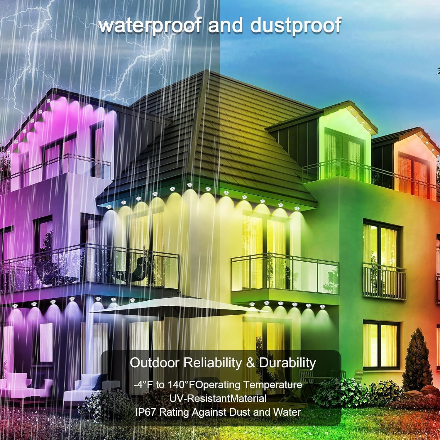 Letianpai 500Ft Rgb Outdoor Lights, App Control, Ip67 Waterproof Eaves Lighting For Decor