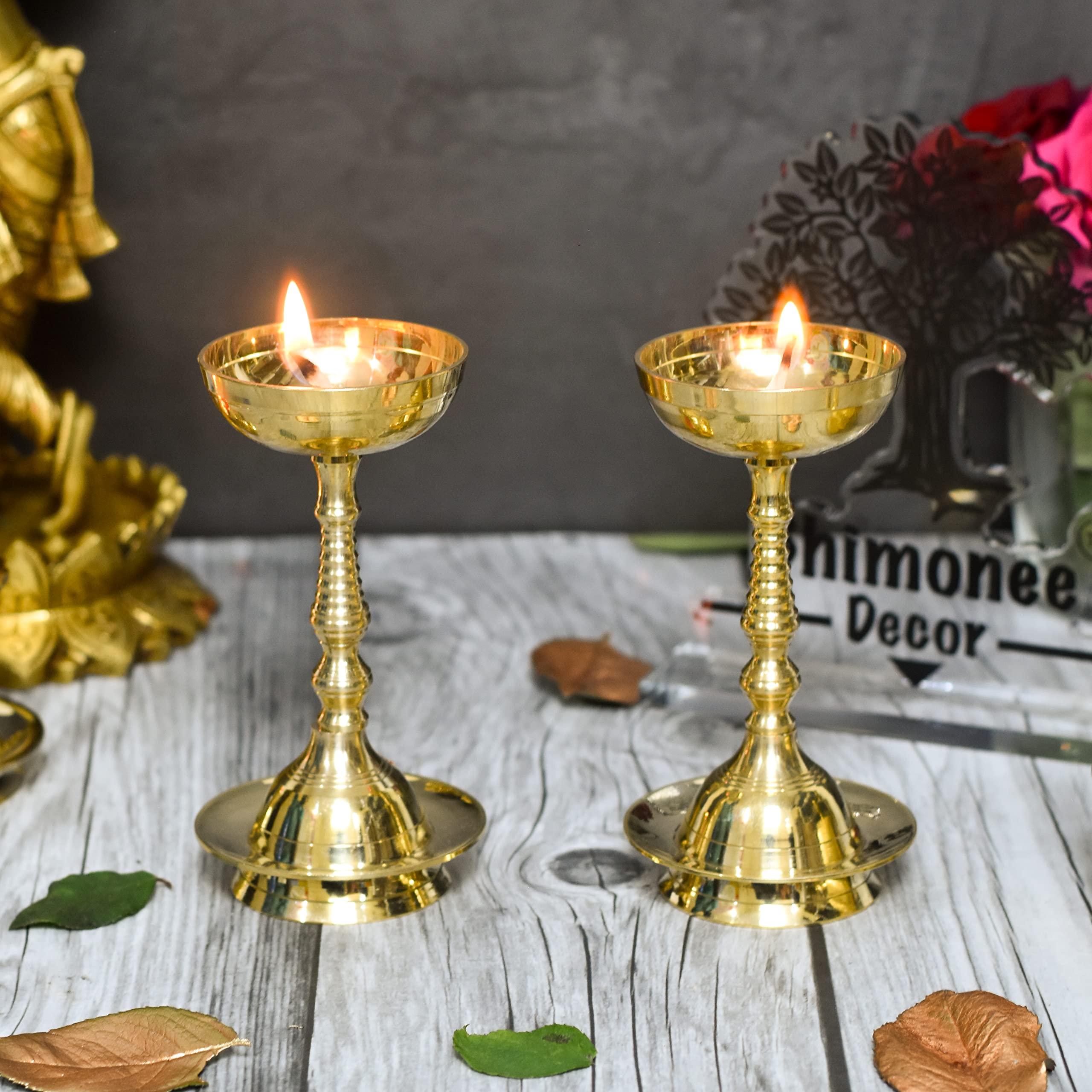 Bhimonee Decor Pure Brass Plain Nanda Bowl Long Table Diya, 5.5 inches big , brass, Pack of 2 pcs (with Lavanga - 2pc )