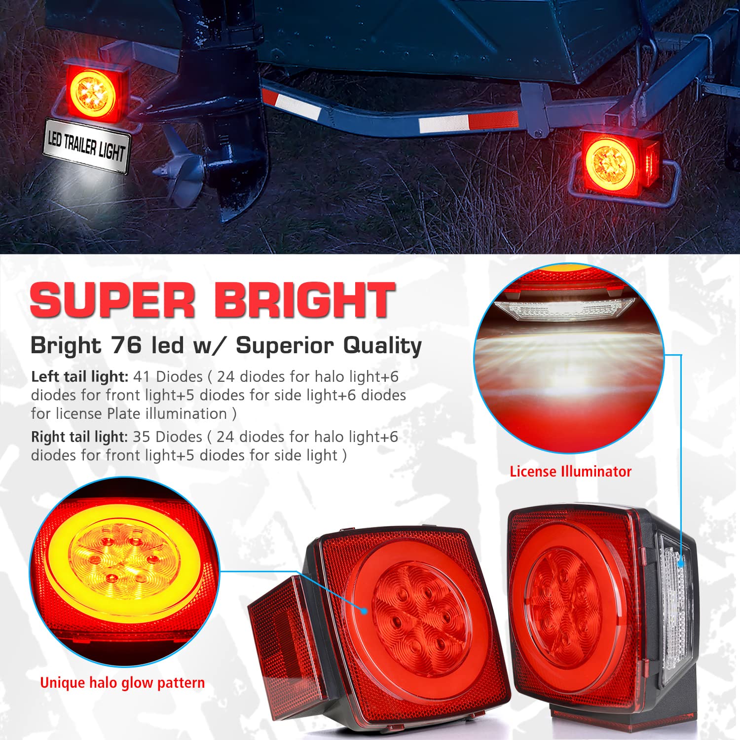 Linkitom New Halo Submersible Led Trailer Light, Super Bright Brake Stop Turn Tail License Lights For Camper Truck Rv Boat Snowm