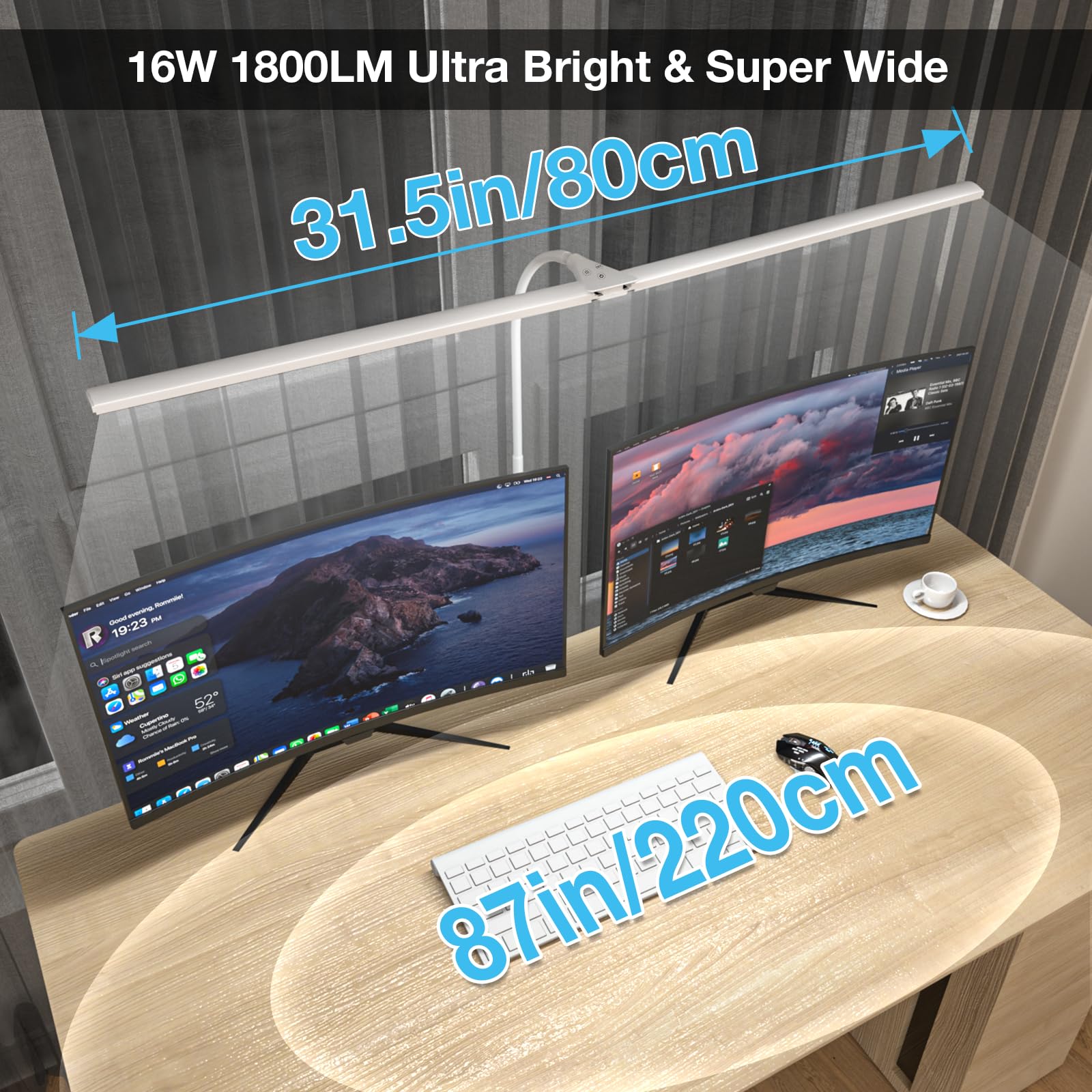 Led Desk Lamp, 31.5'' Wide Double Head Desk Lamps For Home Office, Dimmable 25 Lighting Modes 16W 1800Lm Bright Desk Lighting, E